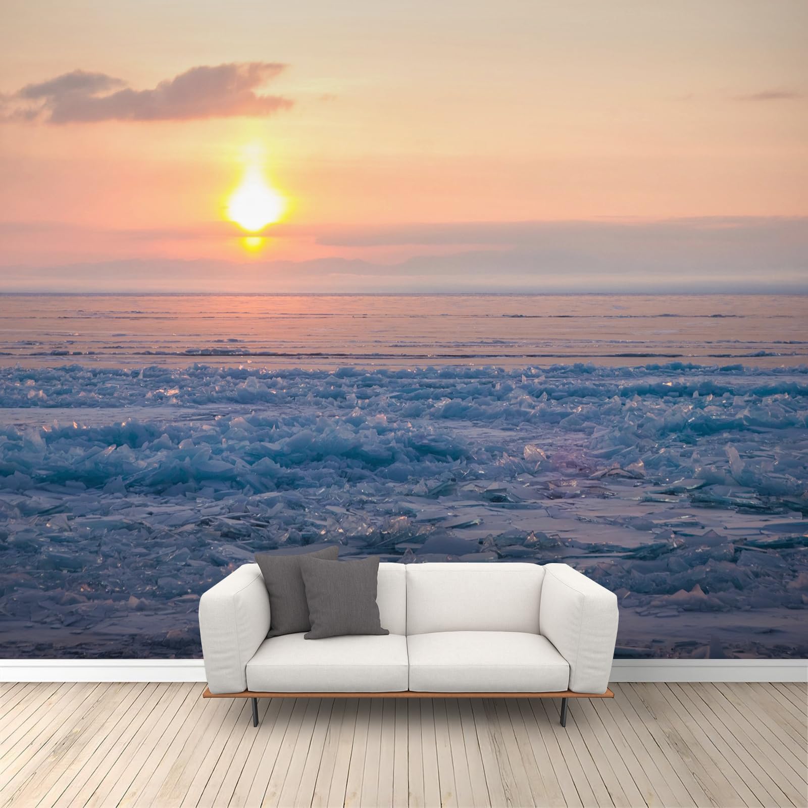 Papier peint lever de soleil et eau de mer gelée, panorama d'exception 500x317cm