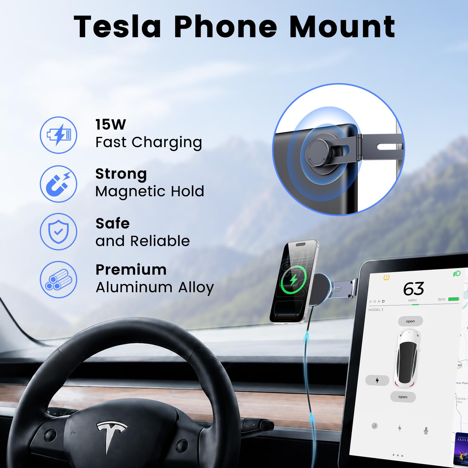 Tesla - Soporte para teléfono con carga rápida MagSafe de 15 W, soporte oculto plegable para coche para Tesla Model 3/Y/Cybertruck, soporte de pantalla giratorio de 360° con imanes N52