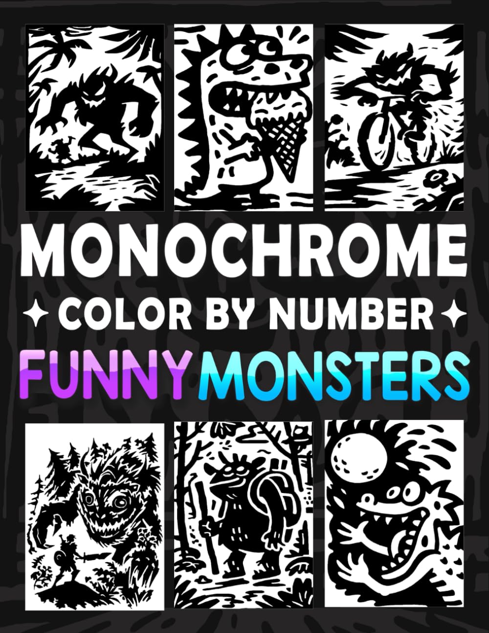 Monochrome Color by Number Funny Monsters: Minimalist One-Color Coloring for Stress Relief with Cute and Silly Monsters