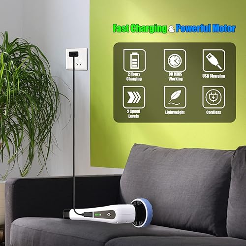 Miniatura 6 de Limpiador eléctrico giratorio, cepillo de limpieza de ducha FARI con 8 cabezales de cepillo reemplazables, limpiador eléctrico inalámbrico con mango