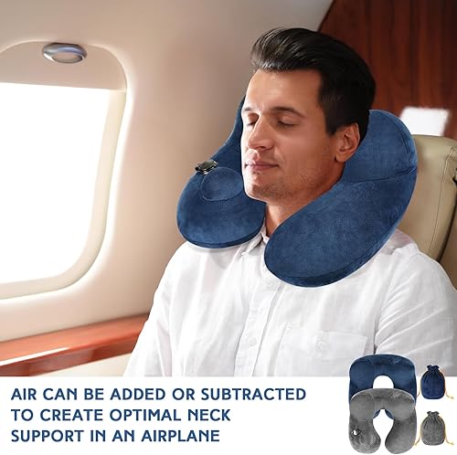 Miniatura 6 de Xtinmee 2 almohadas autoinflables suaves de viaje en avión con bolsa compacta para cuello de vuelo largo para soporte de cabeza, automóvil, oficina