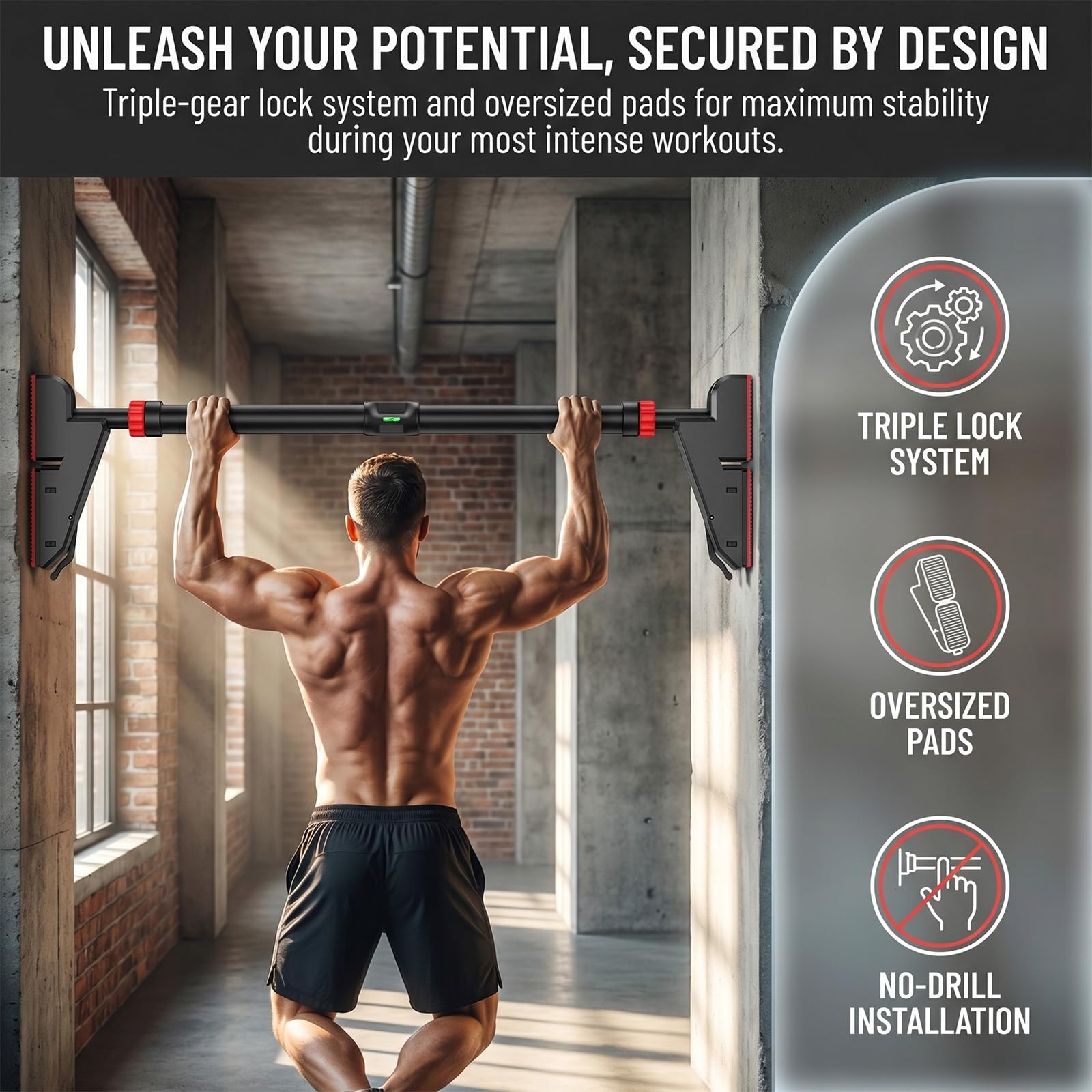 Klimmzugstange Türrahmen Ohne Schrauben, 200KG Tragkraft, Drehbares Zahnradschloss, Verstellbar 75-94CM, Rutschfestem, Pull Up Bar für Oberkörper Training Heimfitness