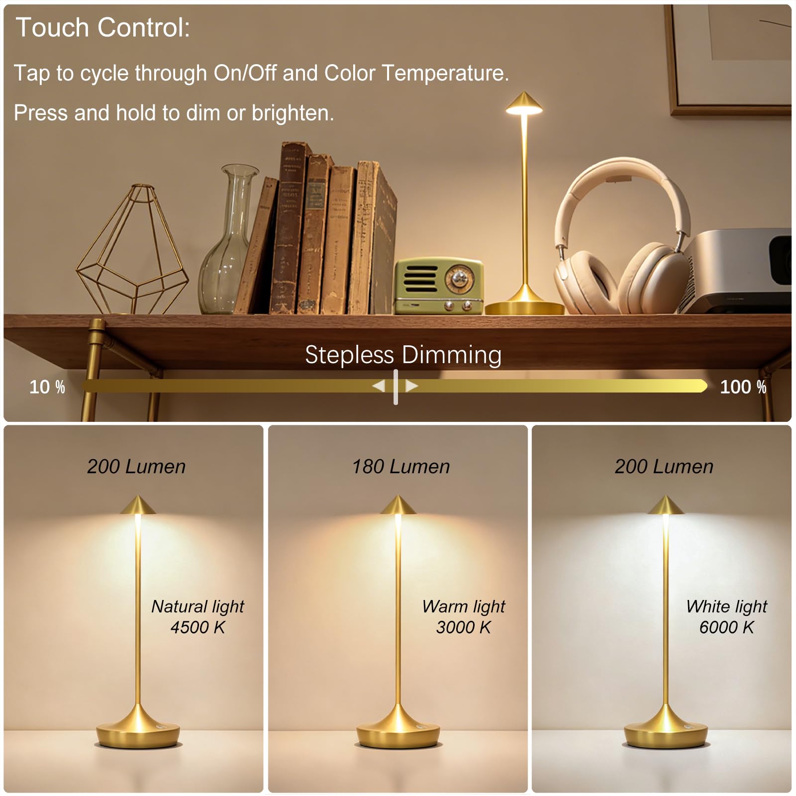 LED-Tischlampe, kabellos, wiederaufladbar, goldfarben, 2 Stück