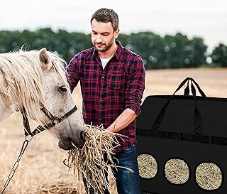Horse Hay Bag Large Sturdy Horse Feed Hay Bag Horse Feed Handbag with Three Round Square Holes for Horse, Sheep and Cattle 600D Nylon (Black)