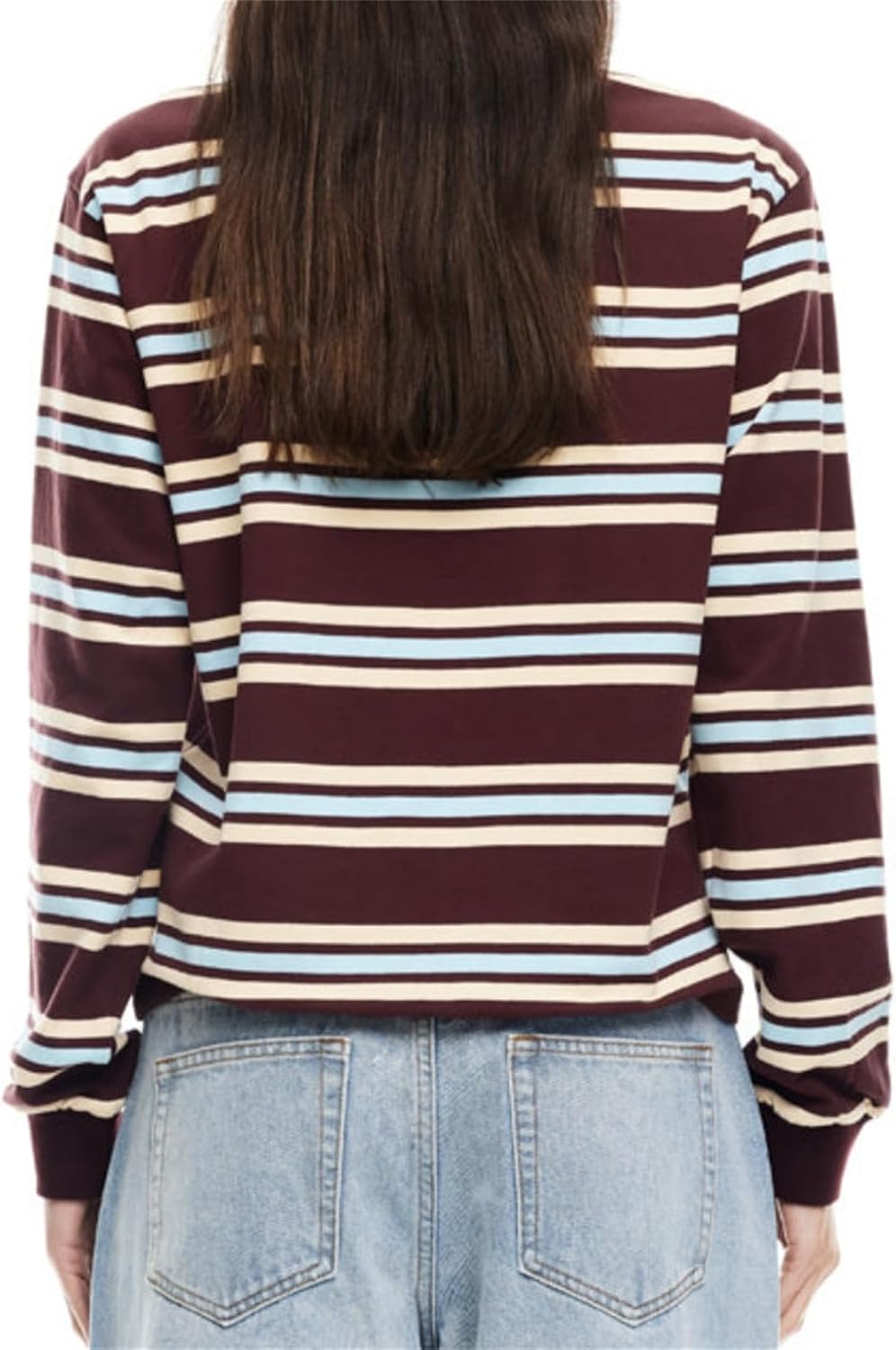 Women Striped Rugby Polo Shirt Lapel Collar Vintage Oversize Long Sleeve Pullover Y2k Tee Casual Sweatshirt - Image 4