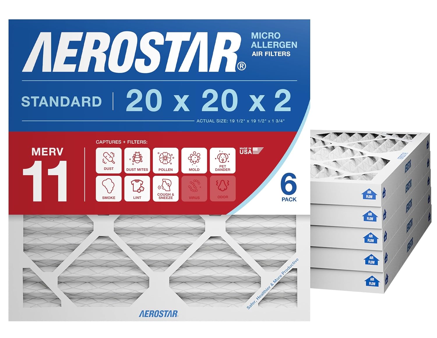 Aerostar 20x20x2 MERV 13 Air Filter, 4 Pack Set of HVAC Furnace Filters, Electrostatic MPR 1500-1900 & FPR 10 (Actual Size: 19 1/2 x 19 1/2 x 1 3/4 inches)