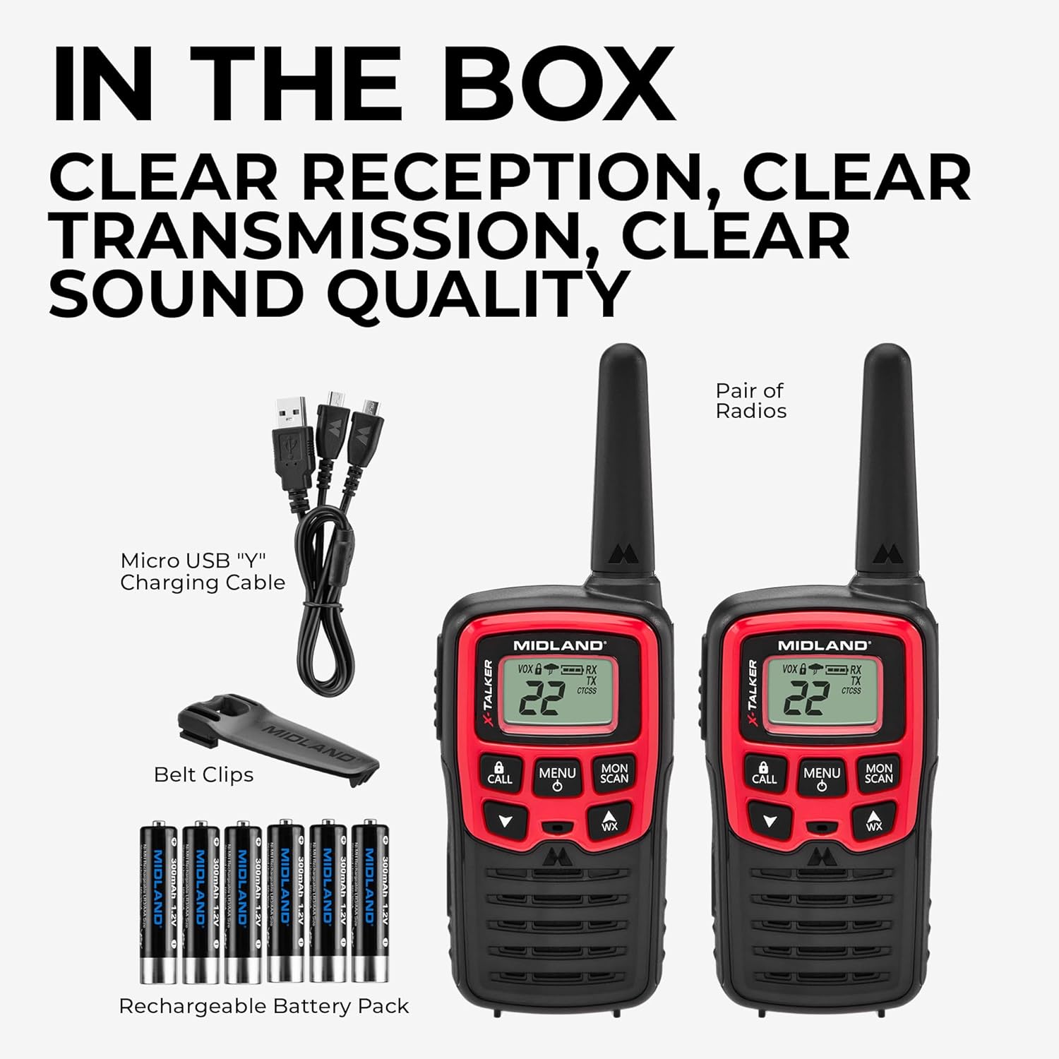 Midland® - T31VP - X Talker - 22 Channel FRS Walkie Talkies - Extended Range Two-Way Radios, 38 Privacy Codes, & NOAA Weather Alert - Set of 2 - Black/Red
