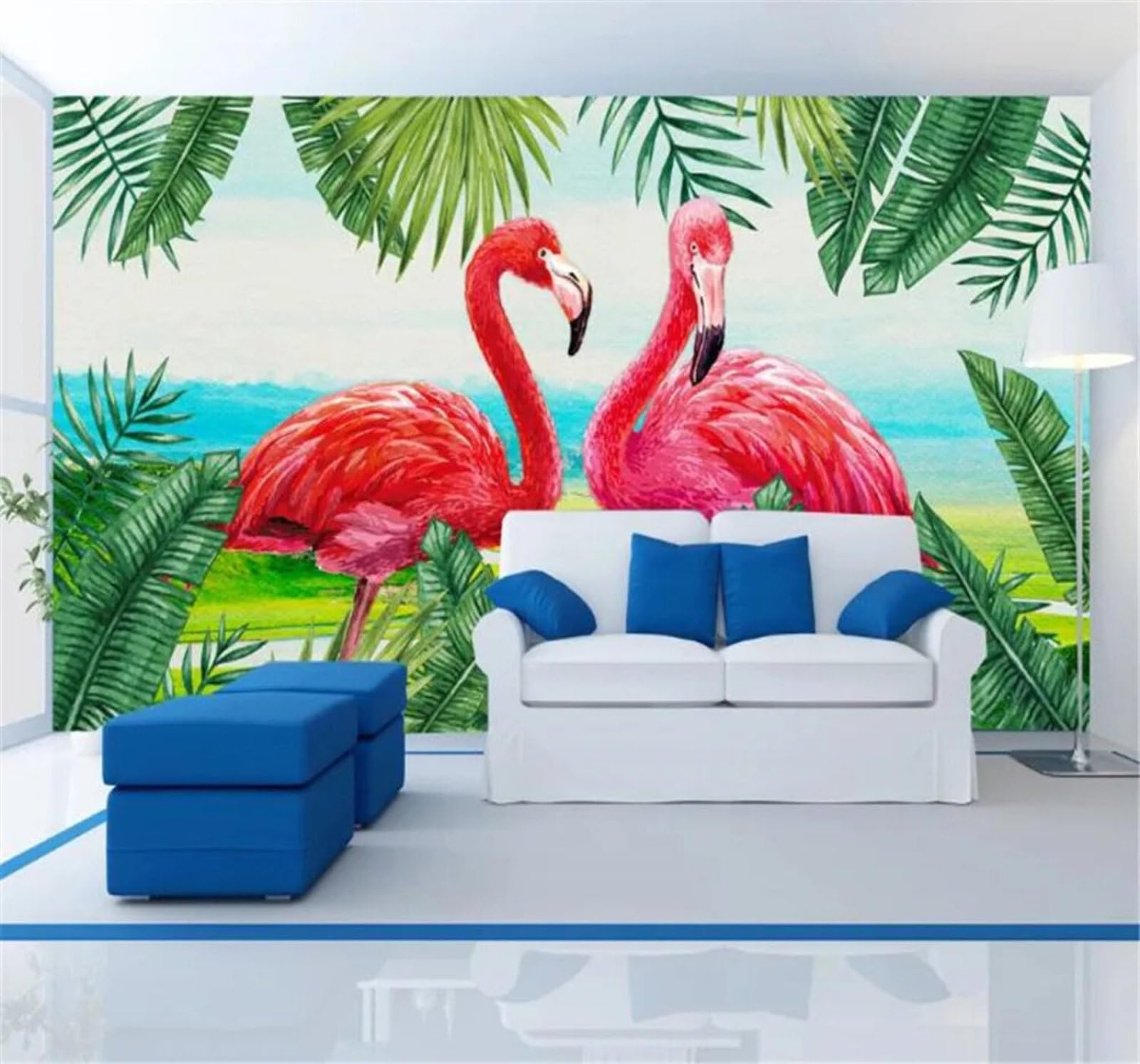 Tzxztt Fresh Hand Drawn Green Plants Flamingos Modern 3D Wallpaper Premium Textured Silk Neutral Tones Material Ideal for Living Room Bedroom-430cm×300cm