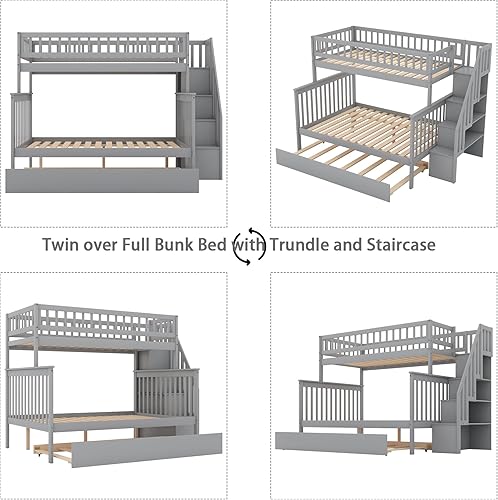 Miniatura 6 de Merax Litera de escalera individual sobre matrimonial con nido, escalera de almacenamiento y barandilla de longitud completa, litera de