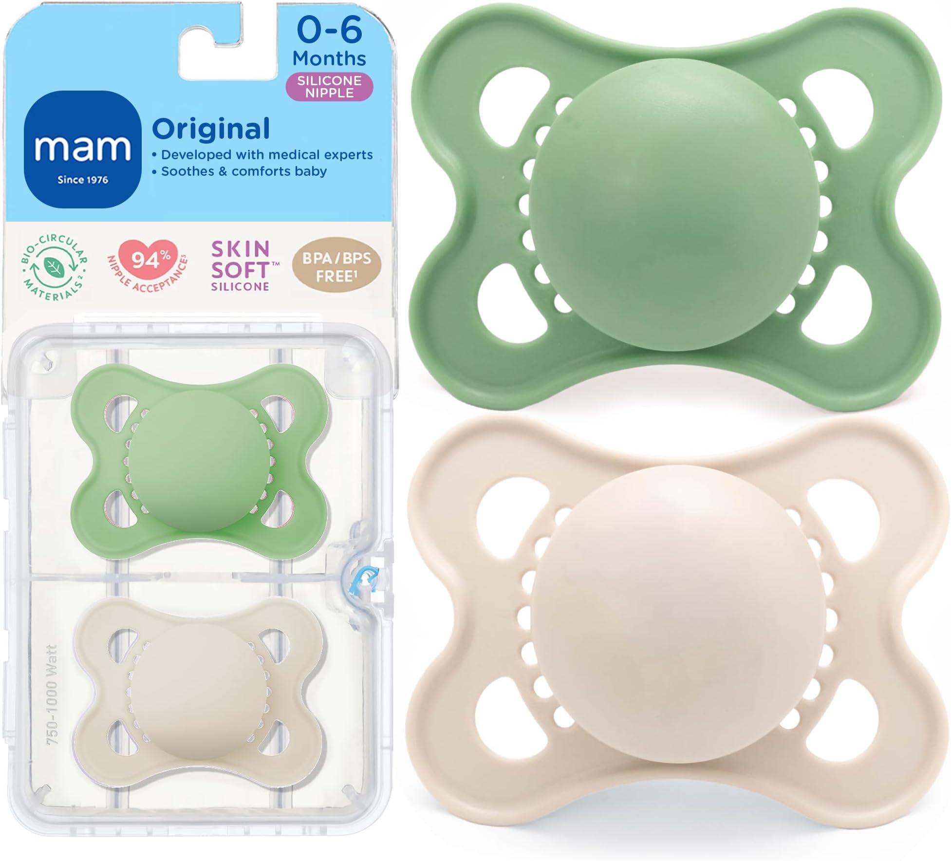 Original Matte Baby Pacifiers 0-6 Months, Binky for Newborn Babies, BPA-Free Skin Soft Silicone Nipple, Easy to Clean, Developed with Medical Experts, 2 Count, With Sterilizer Case, Made in Europe