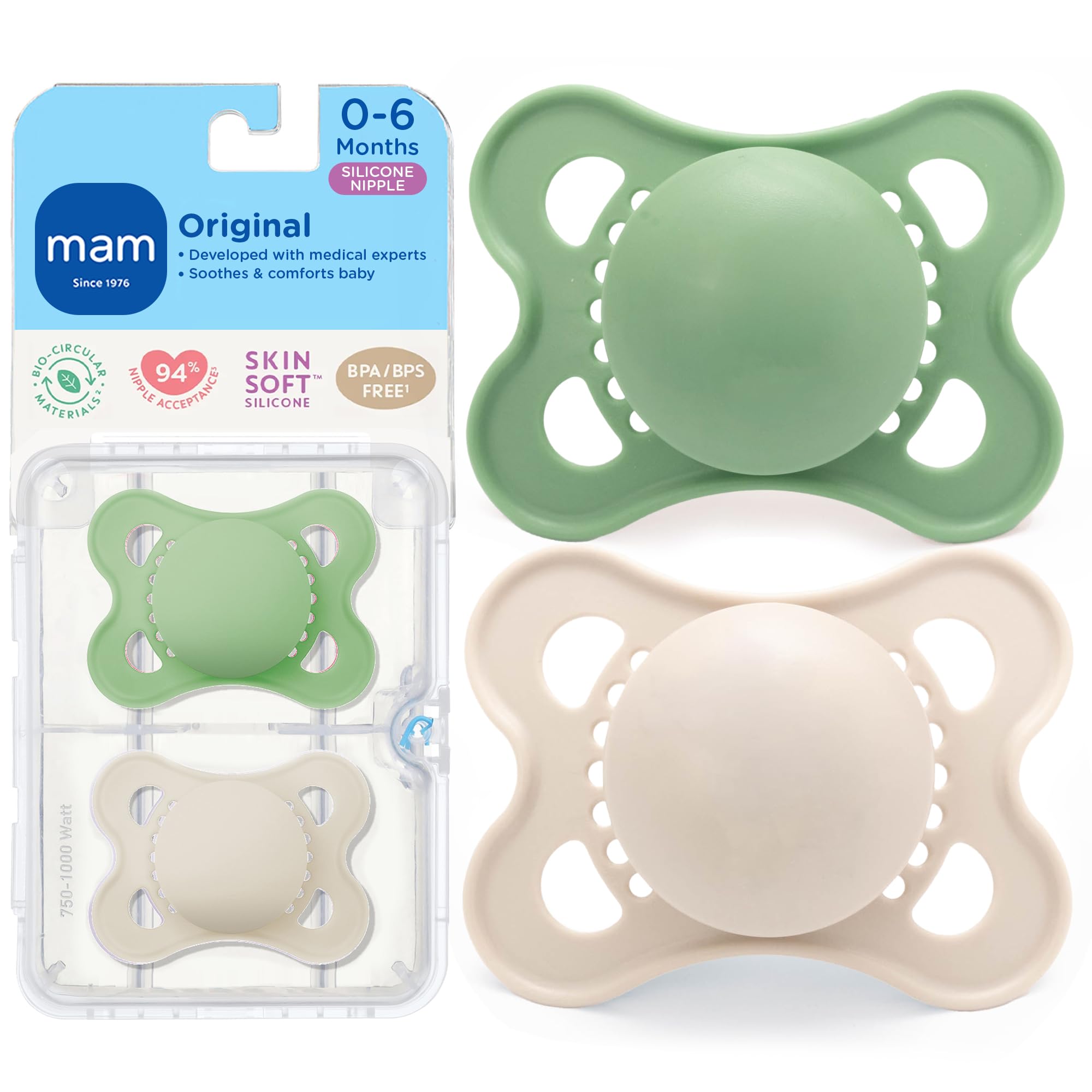 MAM Original Matte Baby Pacifiers 0-6 Months, Binky for Newborn Babies, BPA-Free Skin Soft Silicone Nipple, Easy to Clean, Developed with Medical Experts, 2 Count, With Sterilizer Case, Made in Europe