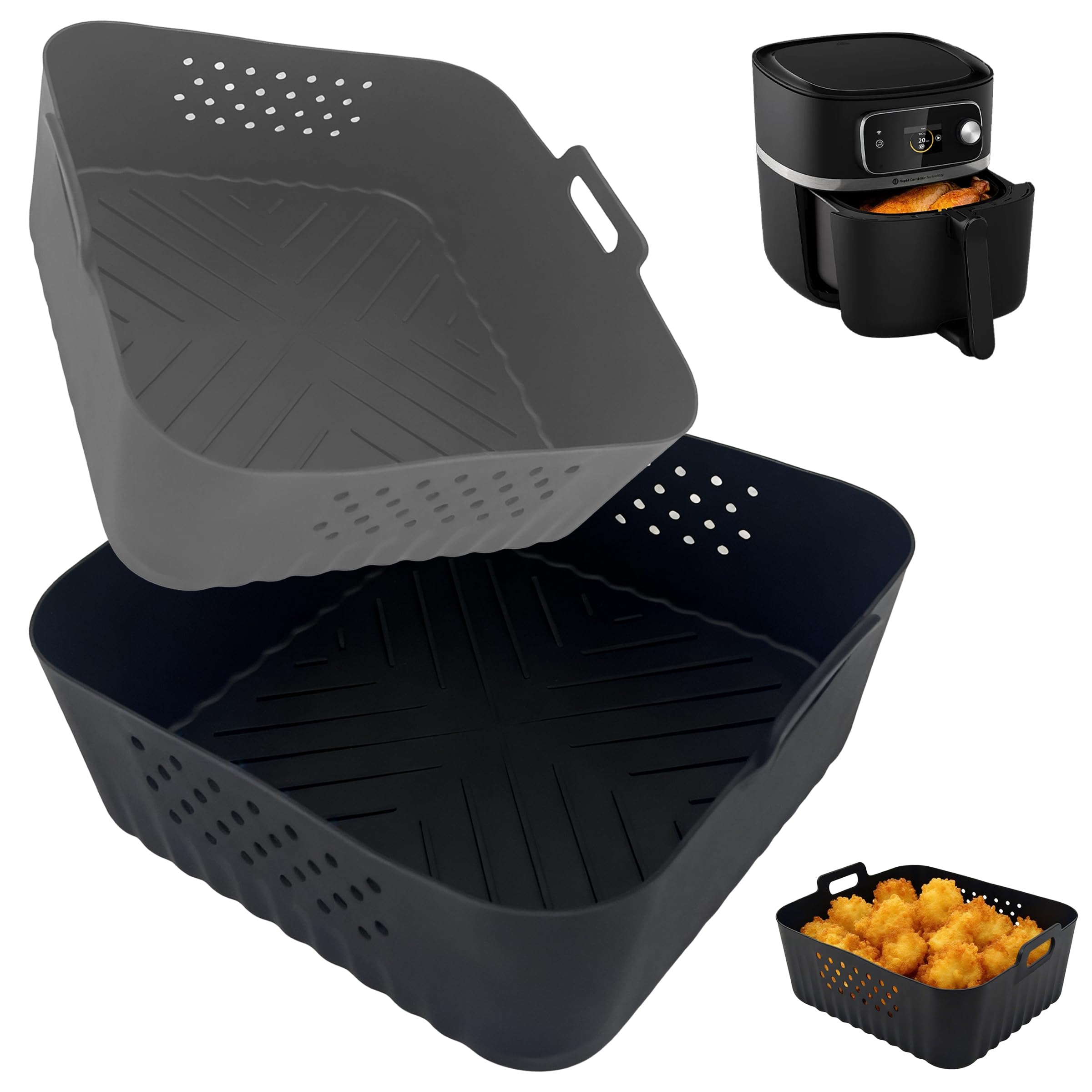2Pcs Square Air Fryer Liners, Reusable Silicone Air Fryer Liner, 8 Inch Large Silicone Liners for Air Fryer Basket, Perfect Kitchen Accessories