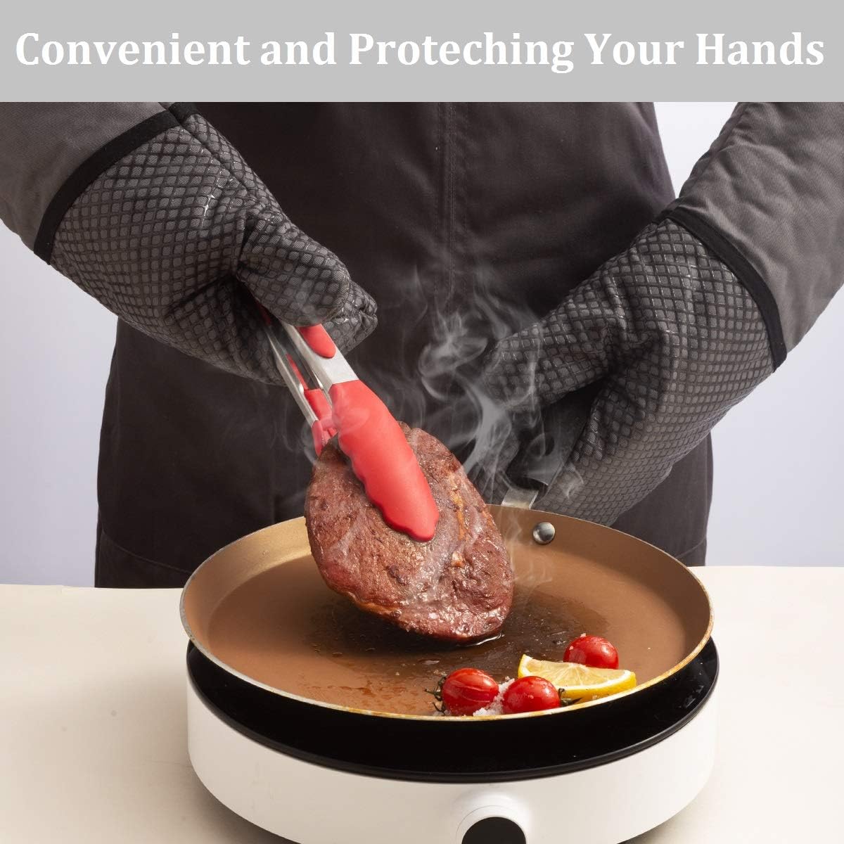 3Pcs Oven Mitts Set, Silicone Heat Resistant Oven Gloves with Cooking Tongs Soft Cotton Lining and Non-Slip Surface Safe for Baking, Cooking, BBQ (Grey)