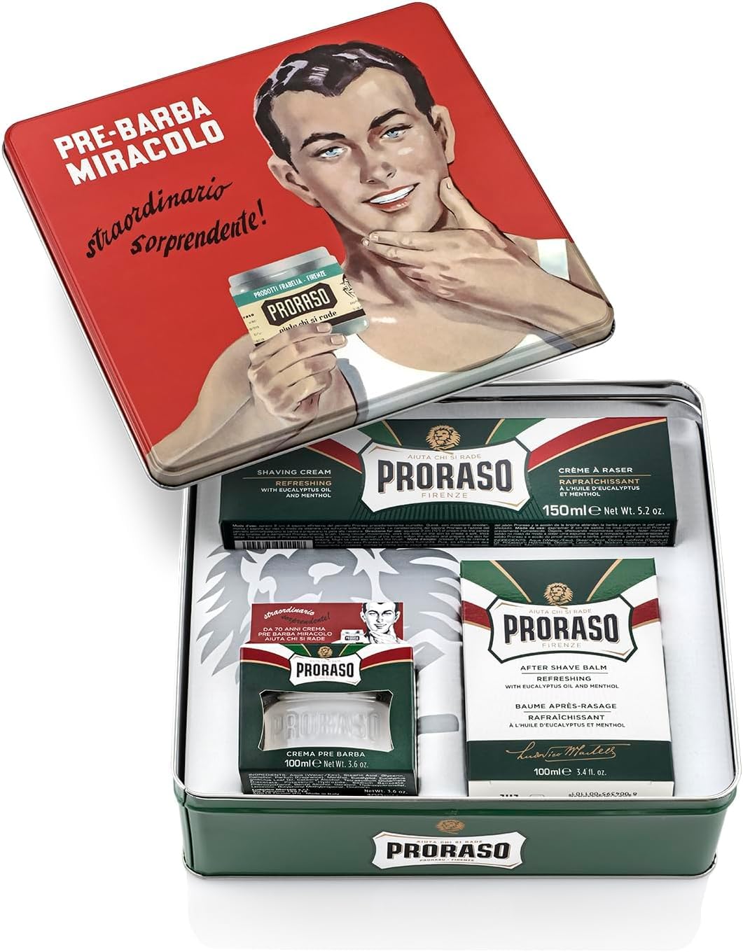 Proraso Coffret Cadeau Vintage « Gino », Kit de Rasage (3p) avec Crème Avant-Rasage, Crème à Raser & Baume Après-Rasage, Huile d'Eucalyptus & Menthol