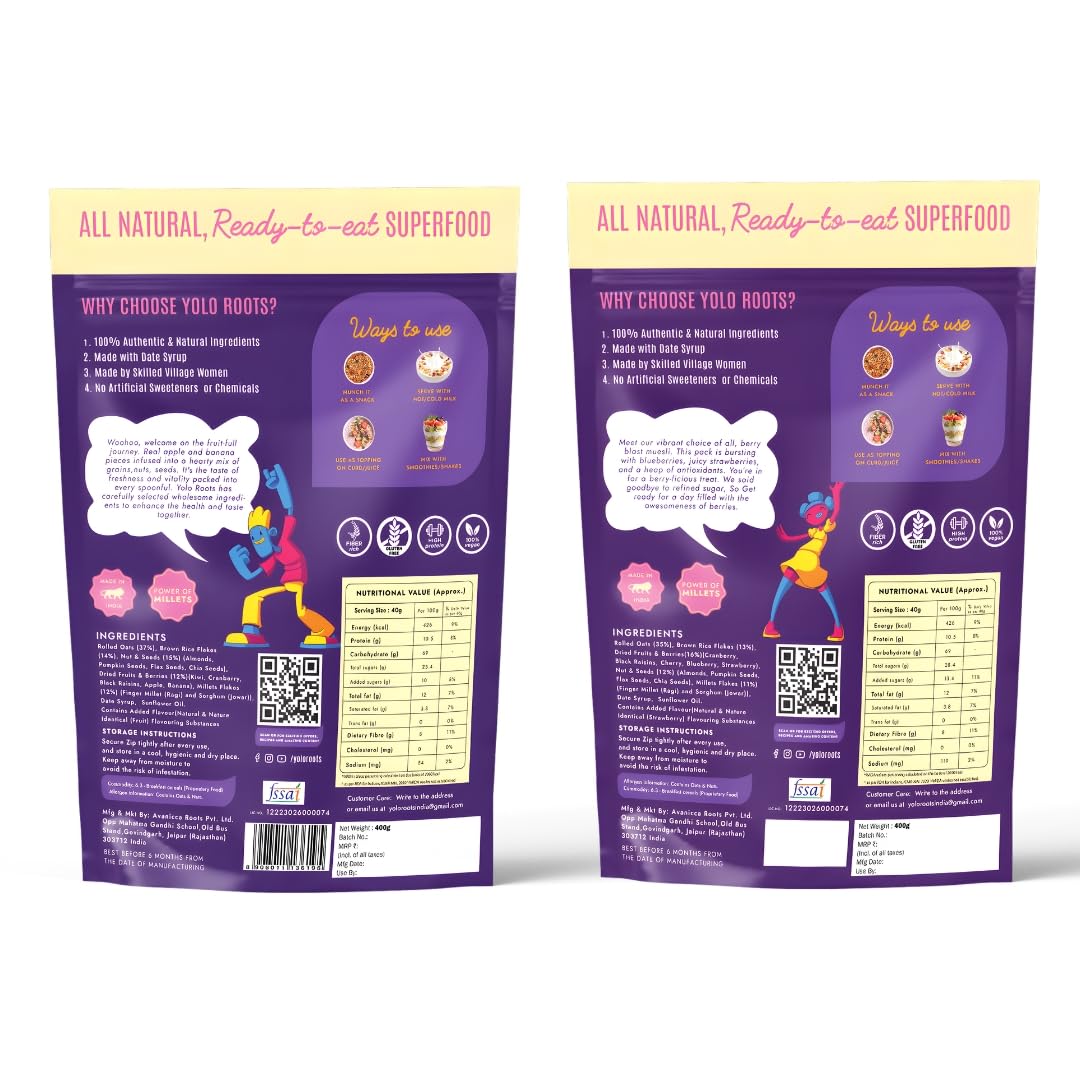 Yolo Roots Real Fruits & Nuts Muesli 400g & Berry Blast Muesli 400g Combo, No Added Sugar, High Fiber Breakfast Cereal with Oats, Nuts, Seeds & Berries, Healthy Snack & Energy Food (Pac of 2) 1