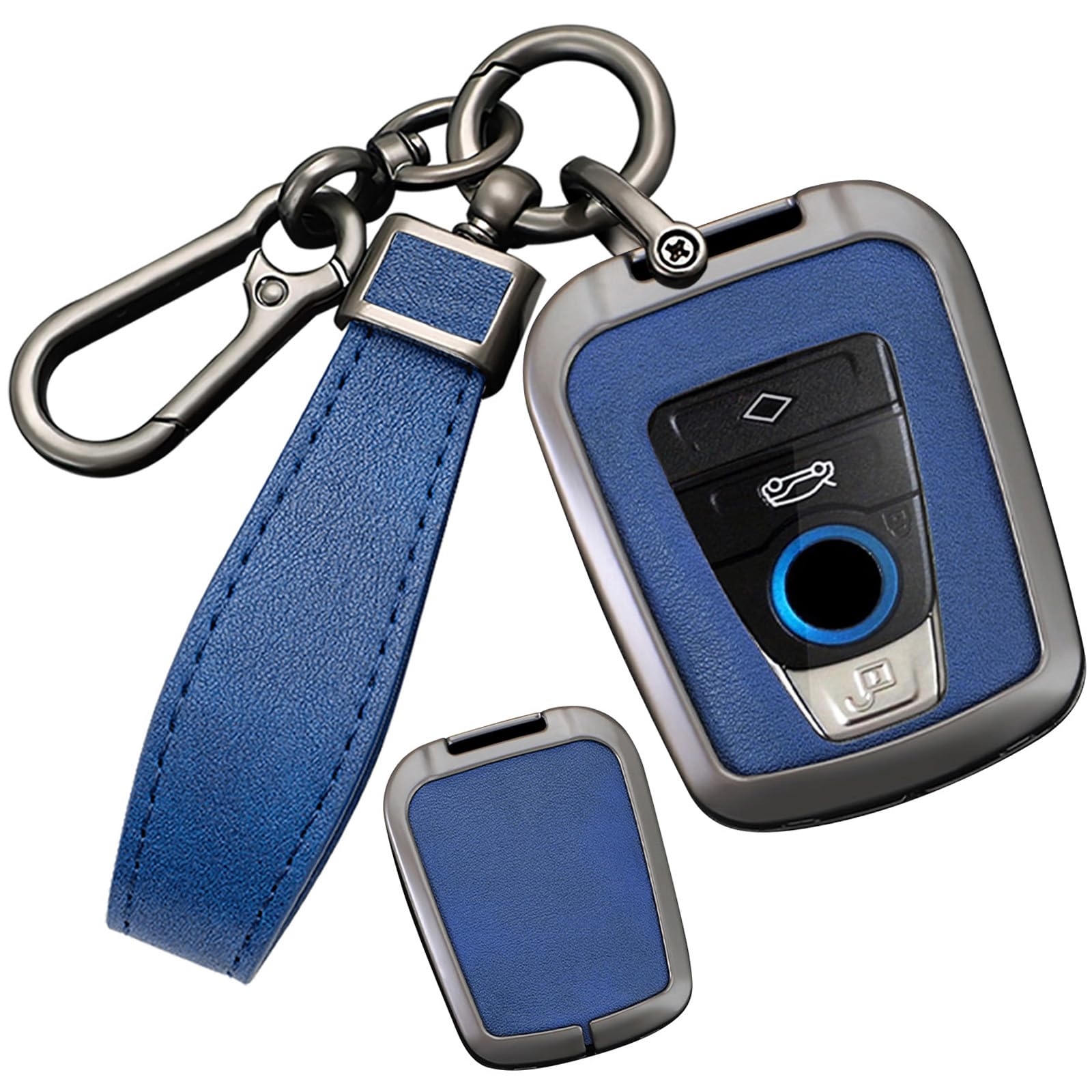 SANRILY Metal Leather 4 Button Smart Key Fob Cover Compatible with BMW i8 2014-2022 i3 Accessories Keyless Anti-Scratch Key Fob Protector with Leather Keychain Black-Blue