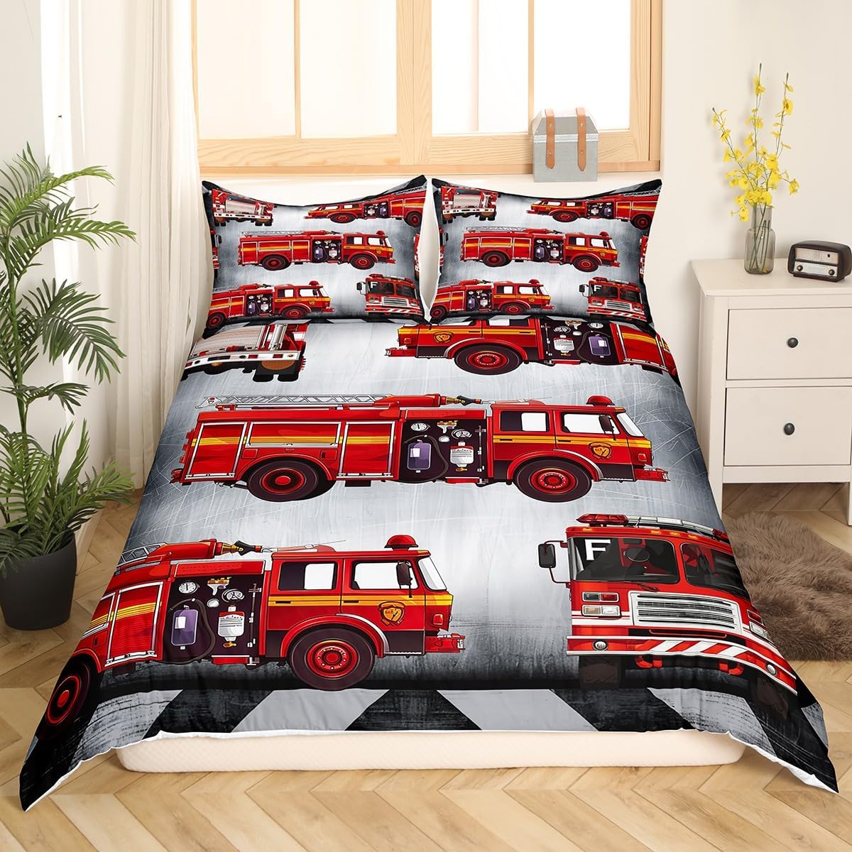 Manfei Fire Truck Duvet Cover Set Toddler Size, Red Fire Engine Bedding Set 2pcs, Fire Fighting Truck Comforter Cover, Kids Boy Girl Room Decor, Lightweight Bedspread Cover, 1 Pillowcase, No Comforter