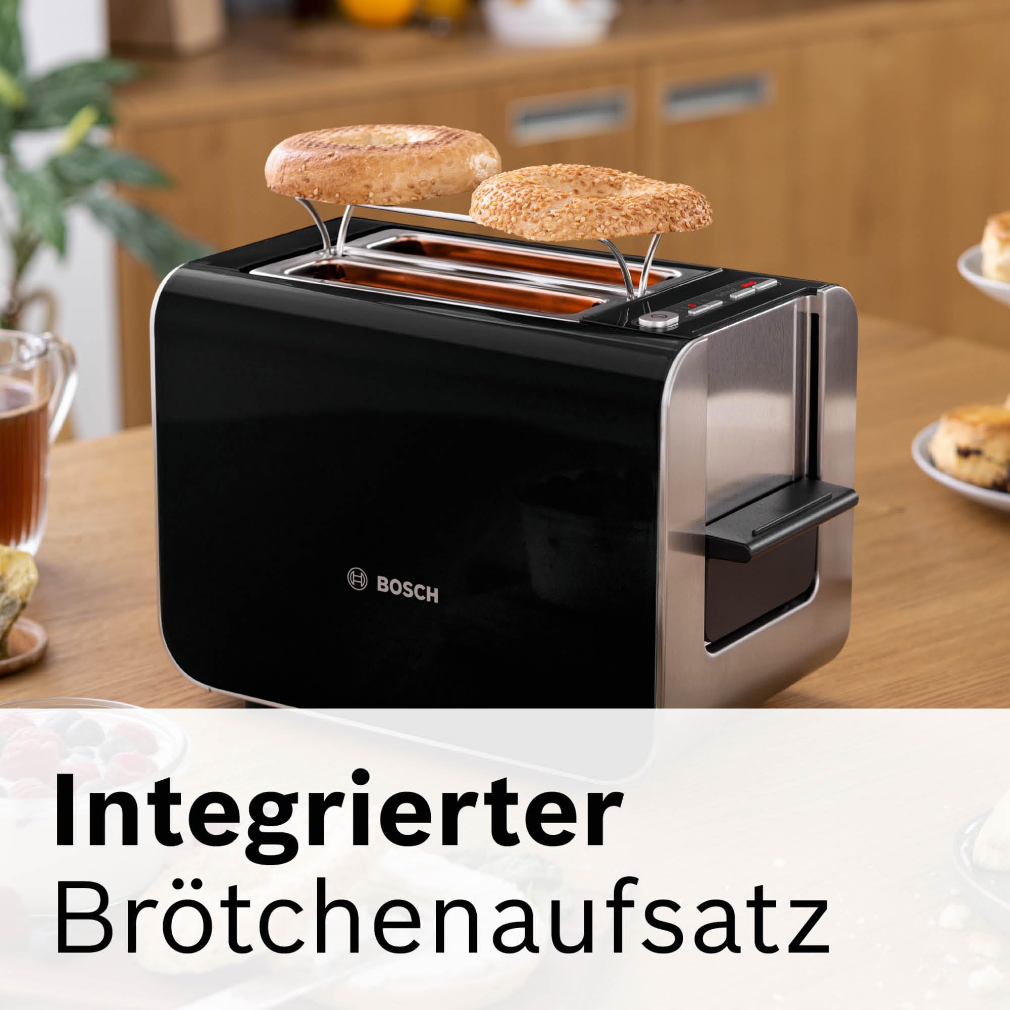 Bosch Toaster Styline TAT8613N, integrierter Brötchenaufsatz, Liftfunktion, Auftaufunktion, Abschaltautomatik, Brotzentrierung, 800 W, Edelstahl/schwarz
