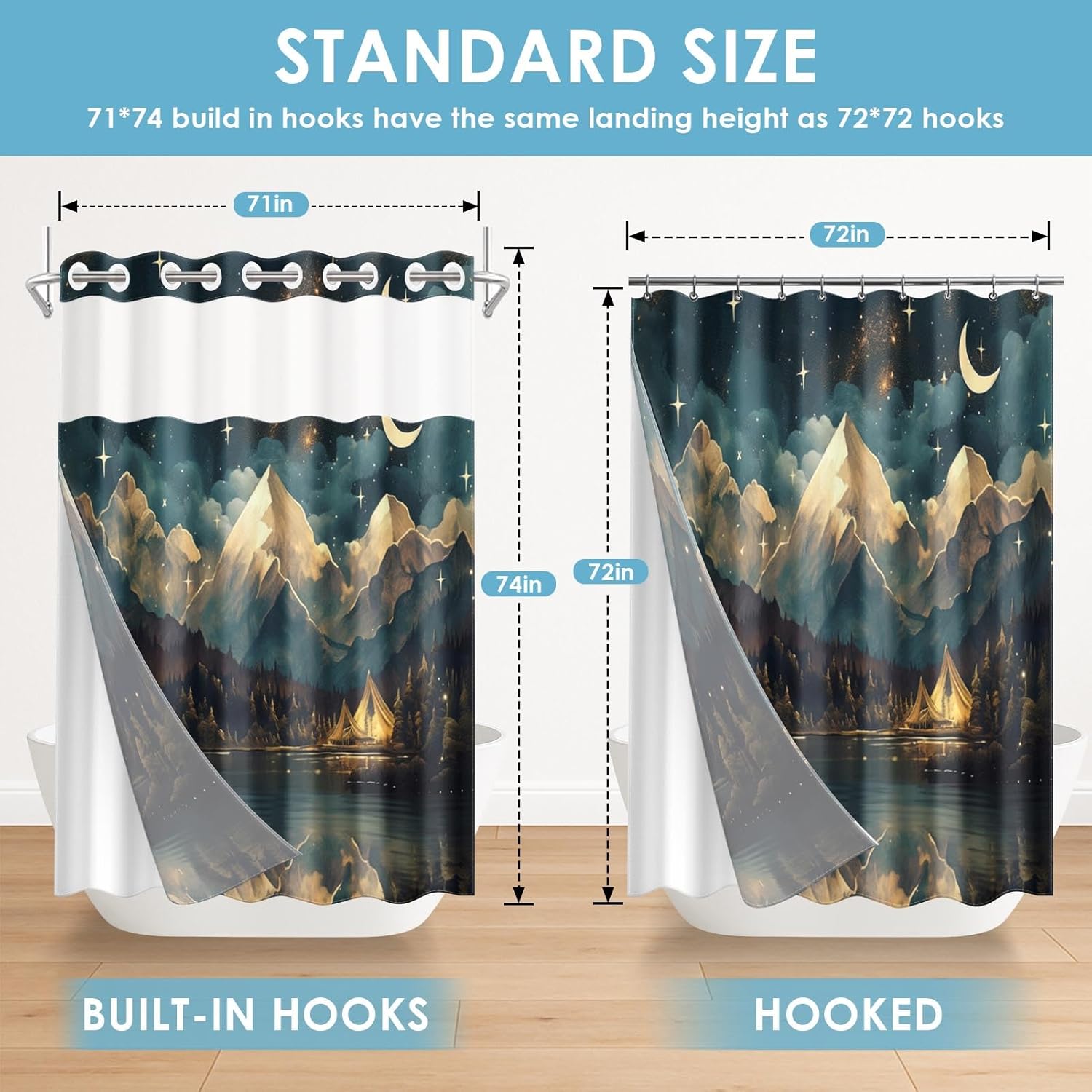 No Hook Landscape Mountains Shower Curtain with Snap in Fabric Liner, Stars Moon Nature Double Layers Waterproof Fabric with See Through Top Window Open Grommet Bath Curtain 71x74 Inch