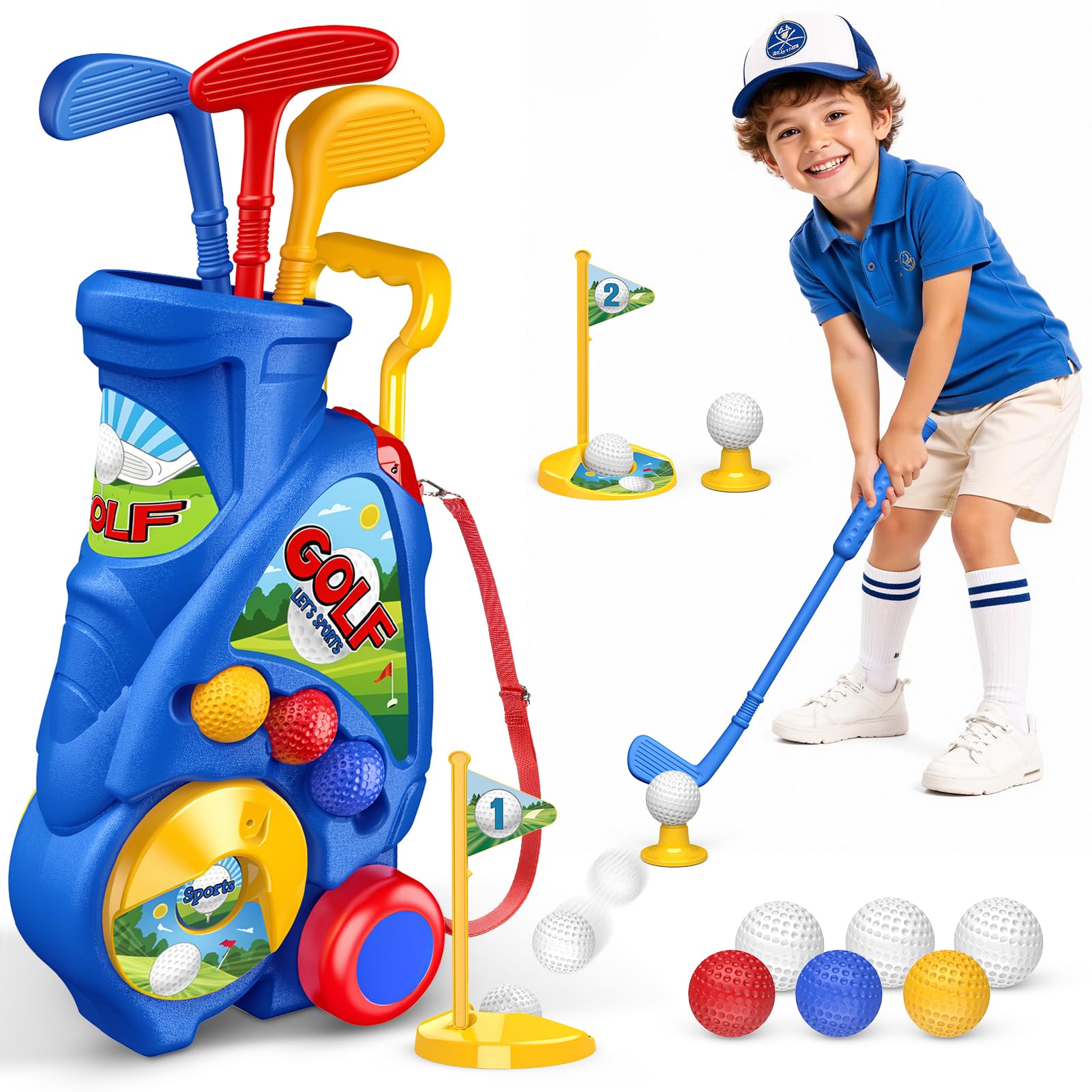 Naxudcoo Juguetes Niños 2 3 4 Año: Juego de Golf con Carrito Mejorado y Correa para Hombrero, Juguete Educativo para Interior y Exterior, Regalo Ideal para Cumpleaños, Navidad (Azul)
