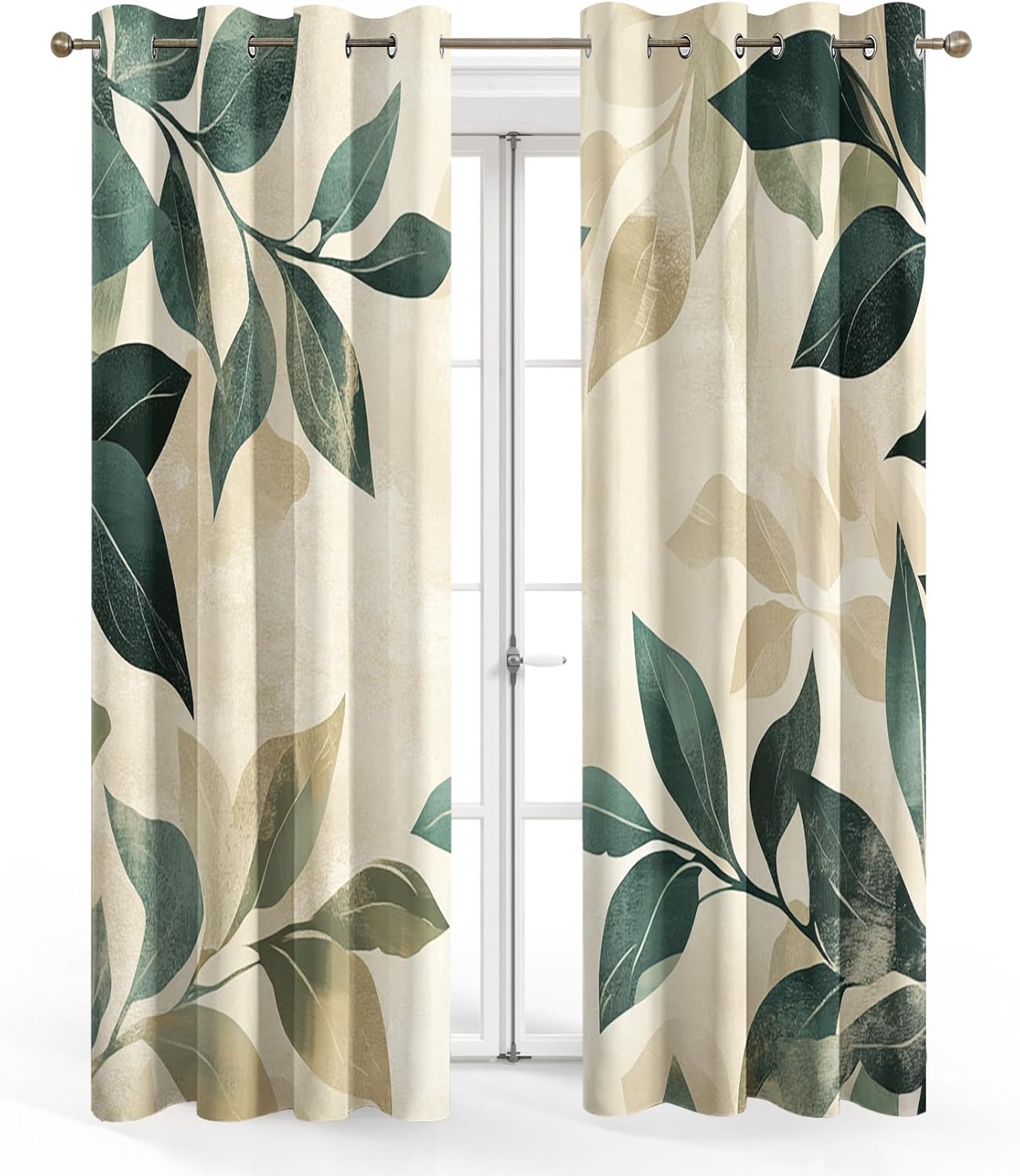 Green Leaf Curtains for Bedroom, Green Leaf Drapes 63 Inch Length 2 Panels Set, Distressed Botanical Blackout Curtains for Living Room Home Decor, Patterned Grommet Drapes ABC104