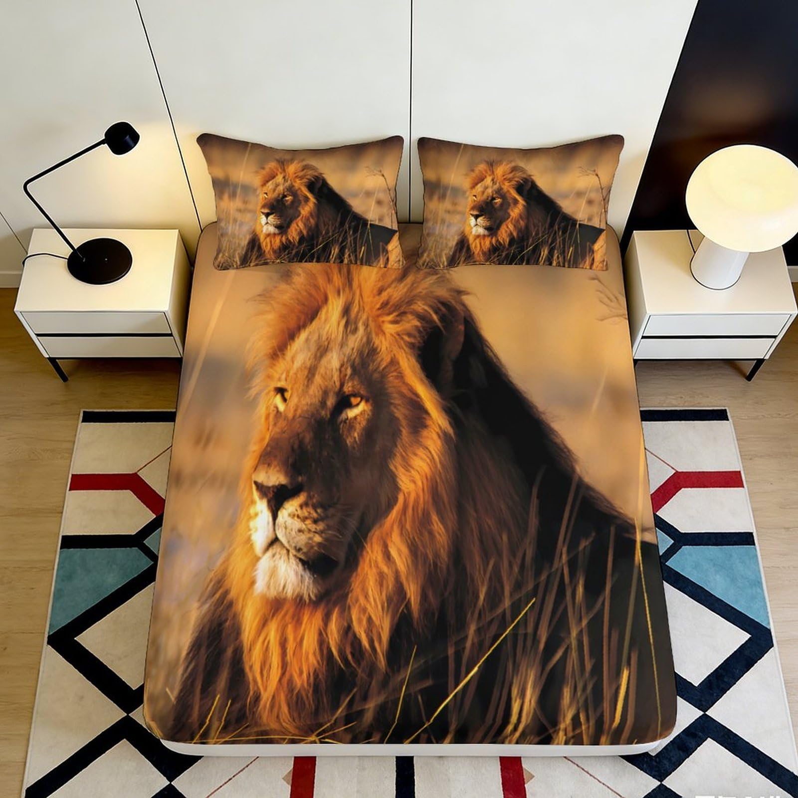 3D Printed Lion Portrait Fitted Sheet Microfiber Soft Non Slip Wild Animal Mattress Cover for Bedroom Guest Room Decor 90x200x25cm
