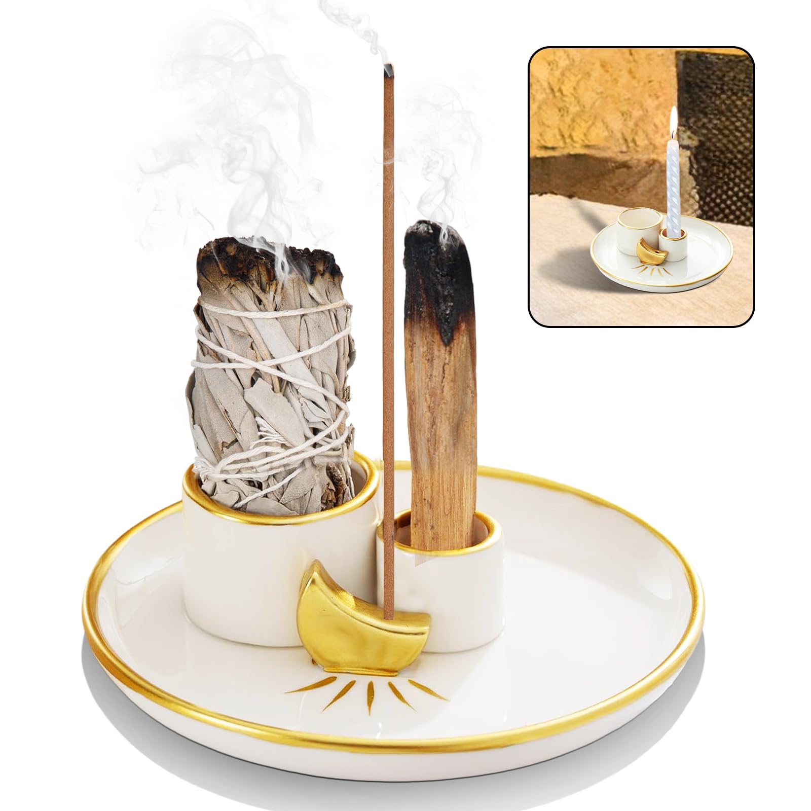 Saliehouder Smudge Stick Brander Kom Keramiek Wierook Houder Brandende Kom voor Witte Salie/Palo Santo Stick/Wierook, Gemakkelijk schoon te maken 3 in 1 Witte Salie Bundel Smudge Bowl (Goud