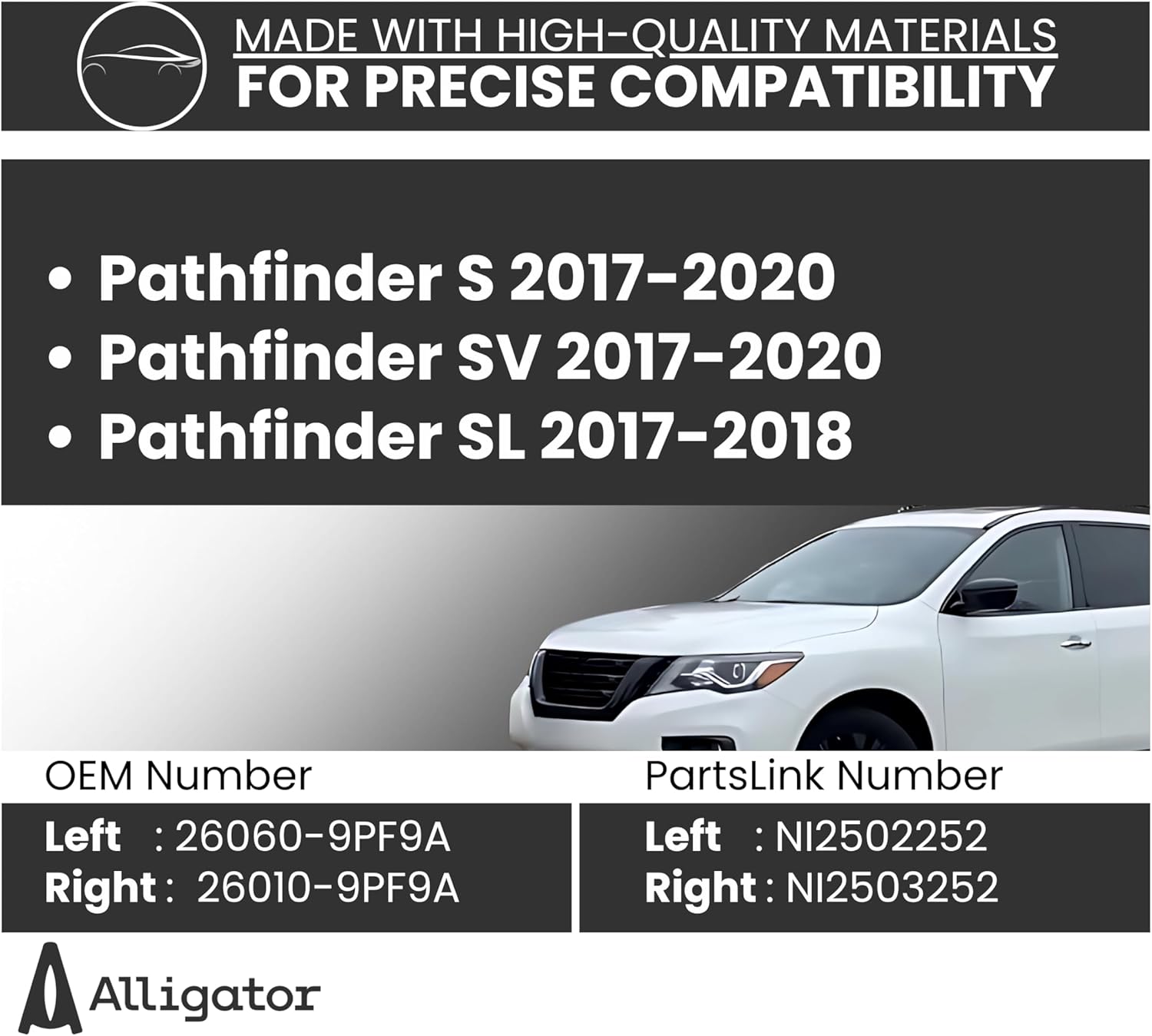 Headlamp Replacement For Nissan Pathfinder 2017-2020 S, SV | 2017-2018 SL Halogen Headlight Assembly with Bulbs Left Side/Driver Side Partslink: NI2502252 / OEM: 26060-9PF9A DOT/SAE Compliant