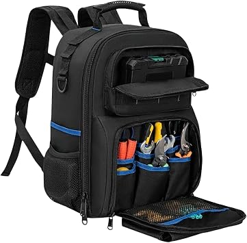Electrician Rucksack - Hard Bottom Storage Bag | Heavy Duty Tool Bag Backpack with Multiple Pockets - For Technicians, Carpenters, Plumbers, Home Improvement, Outdoor Welding