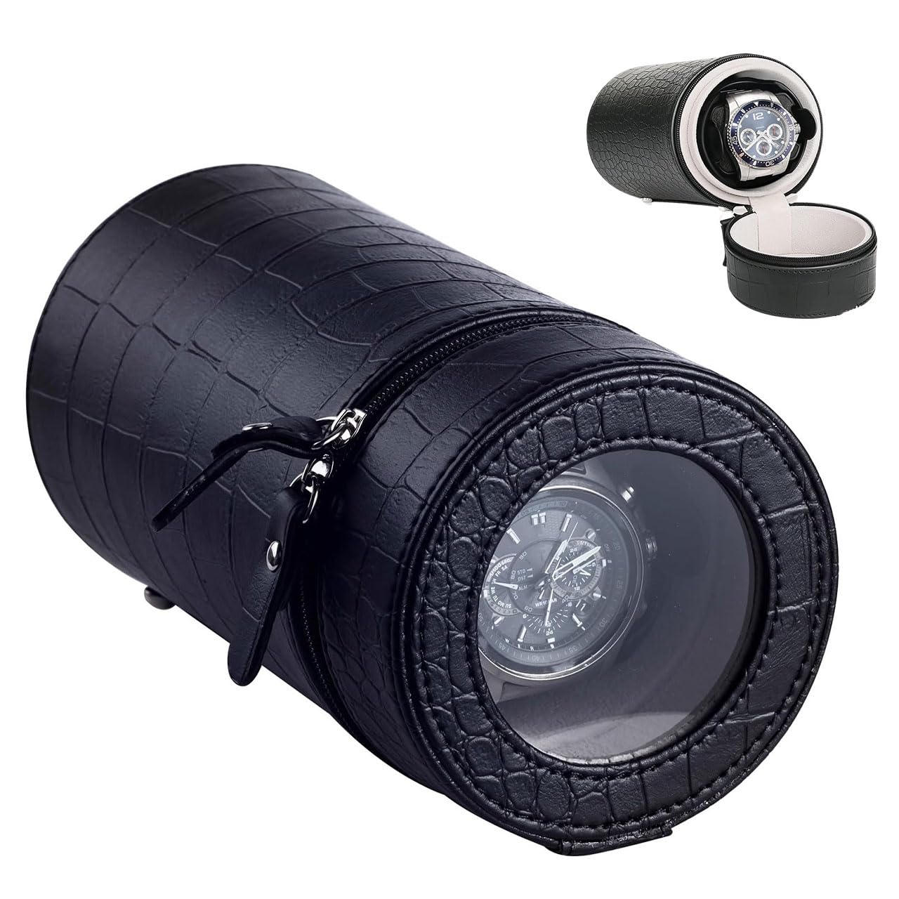 Remontoir de montre portable en cuir crocodile pour voyage avec moteur silencieux