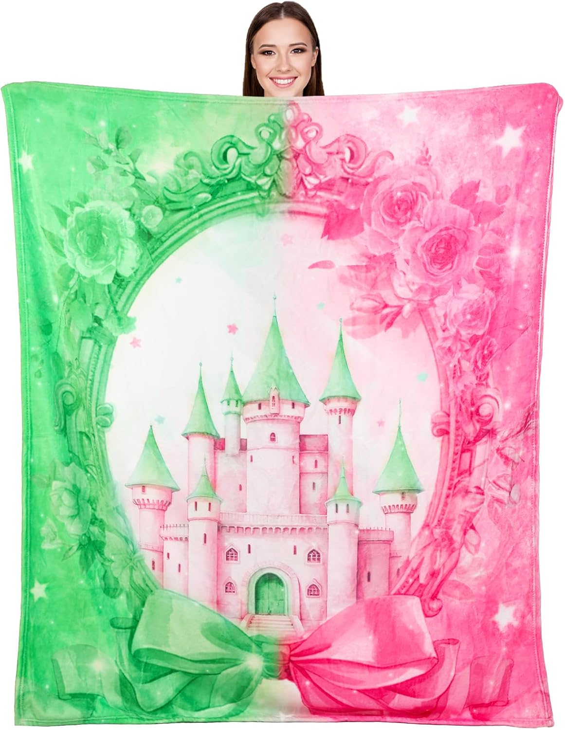 Hahafelt 50*60'' Witch Throw Blanket Pink and Green Vintage Flannel Blanket Musical Witch Princess Castle and Bow Party Decoration Birthday Gifts for BFF Couples Movie Night Bedding Sofa Picnic Stuff