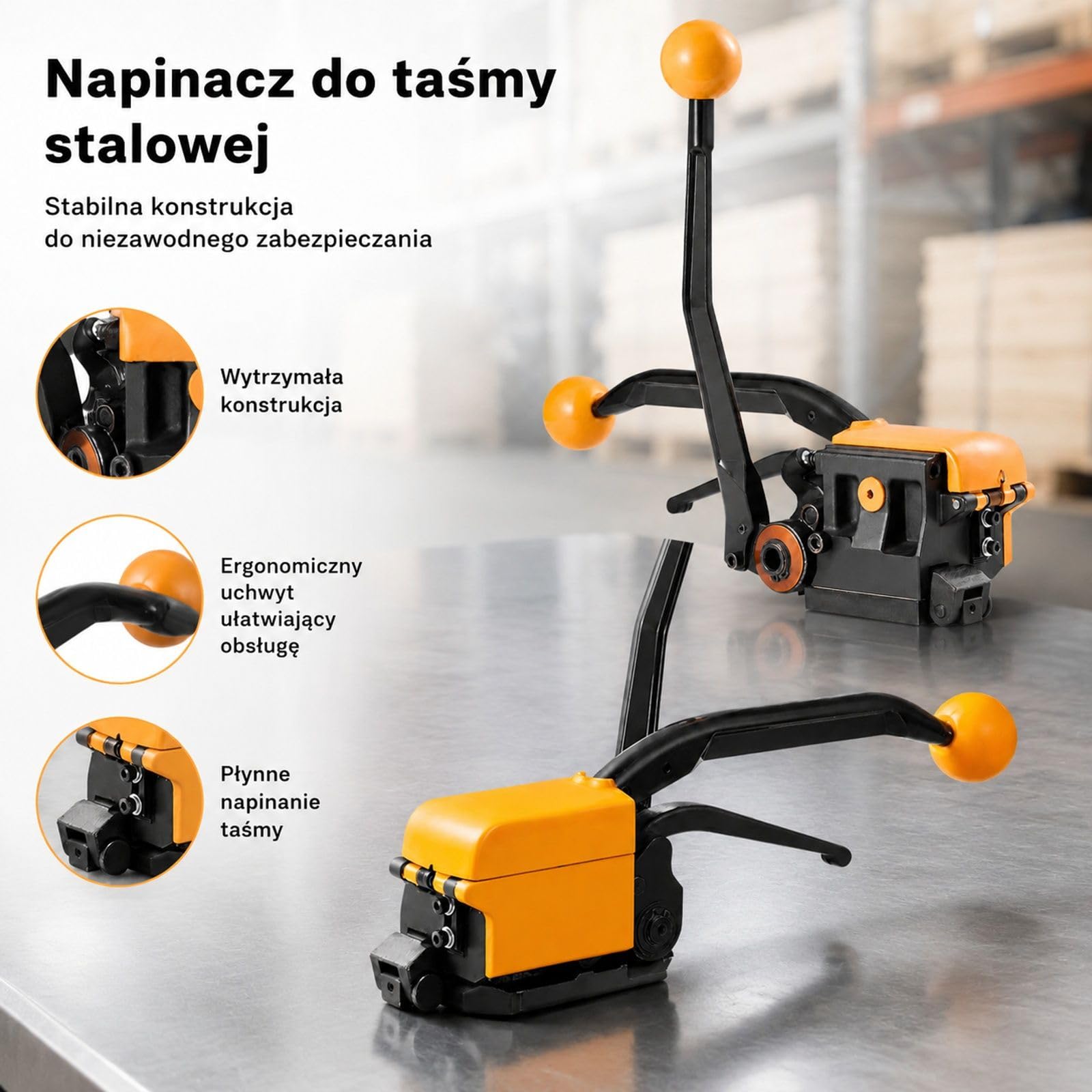 Ręczne narzędzie do spinania taśmą stalową, bez klamry, regulowana konstrukcja, do pakowania i transportu, do stalowych taśm oraz pracy z opasaniem