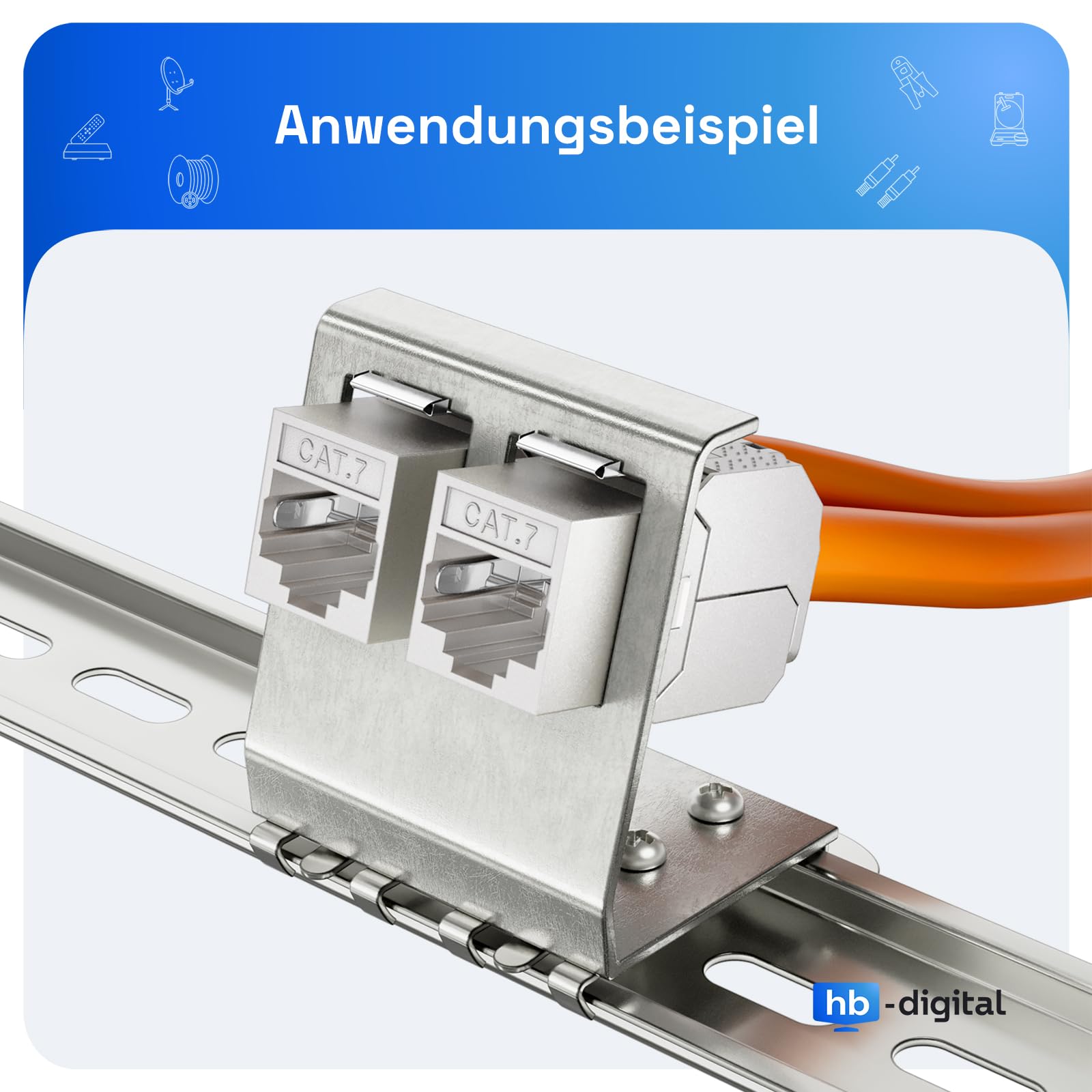 hb-digital Juego de 16 módulos Keystone CAT.7 RJ45 + 8 adaptadores de riel de metal Keystone para riel de sombrero, 35 mm estándar, conector RJ45 apantallado, acero inoxidable, montaje LSA Ethernet