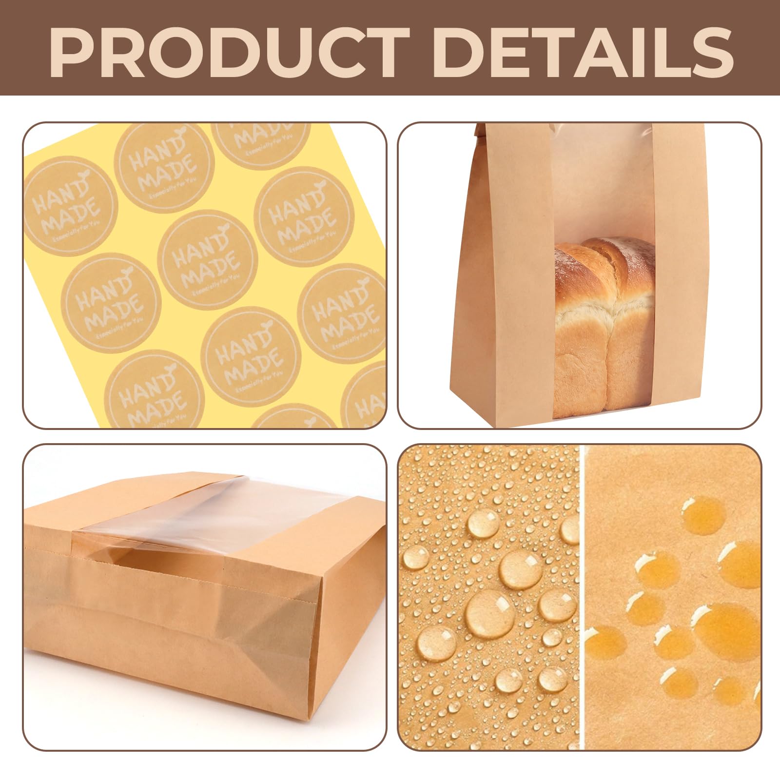 Twdrer Paquete de 50 bolsas grandes de papel kraft para pan con ventana frontal transparente, cierre de pestaña de estaño, bolsas de embalaje de café para panadería, café, galletas, con 60 etiquetas