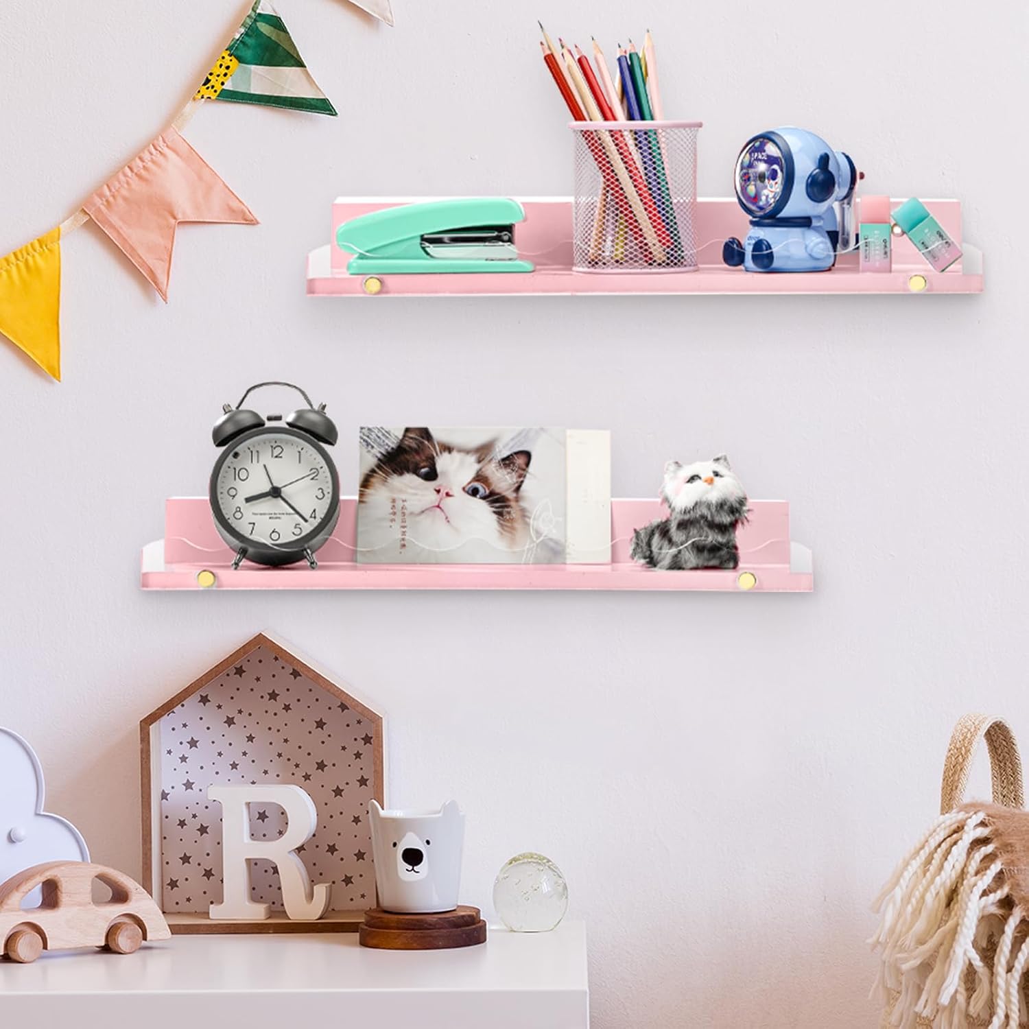 4-Pack 16.5 Inches Nursery Book Shelves for Wall, Clear Acrylic and Wooden Floating Rack for Bedroom Kids, Scalloped Book Shelves, Toddler Room, Playroom & Nursery Decor