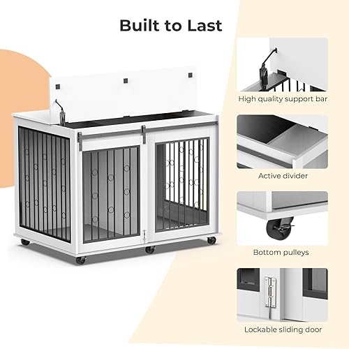 Miniatura 5 de Furniture Style - Mesa auxiliar para perros con puerta corrediza de granero, muebles de interior para perreras con divisor extraíble para 2 mascotas