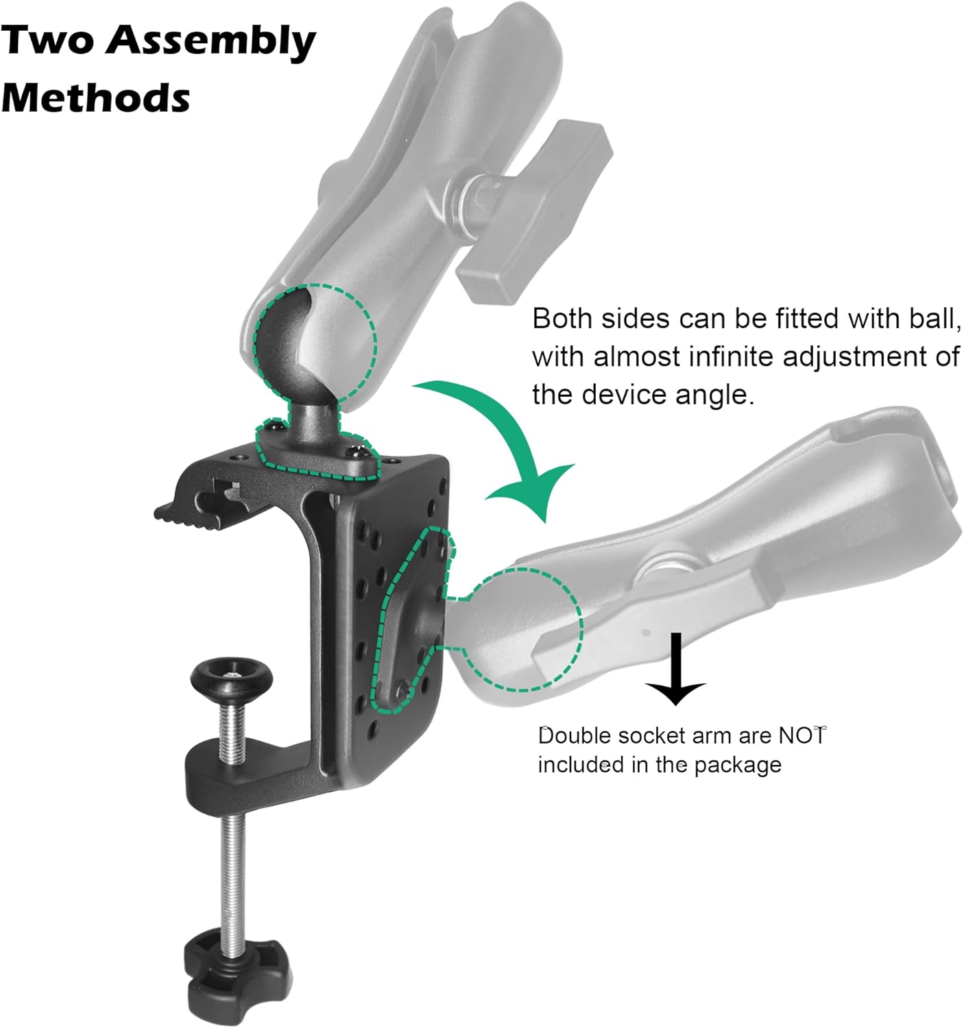 Aluminum Heavy Duty Large Boat Gunwale Clamp Mount Base with 1.5'' Ball, C-Clamp Opening, Quick Release, Compatible with RAM Mounts C Size 1.5 Inch Ball Double Socket Arm