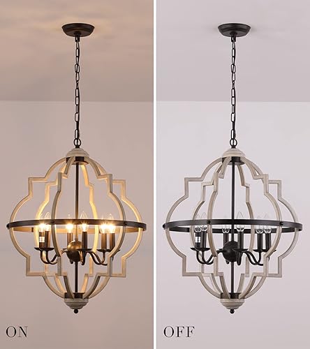 Miniatura 8 de Q&S Rustic Antique Orb Chandelier Farmhouse Vintage 6-Lights Oak White Hanging Ceiling Light Fixtures for Foyer Dining Room Kitchen Living Room