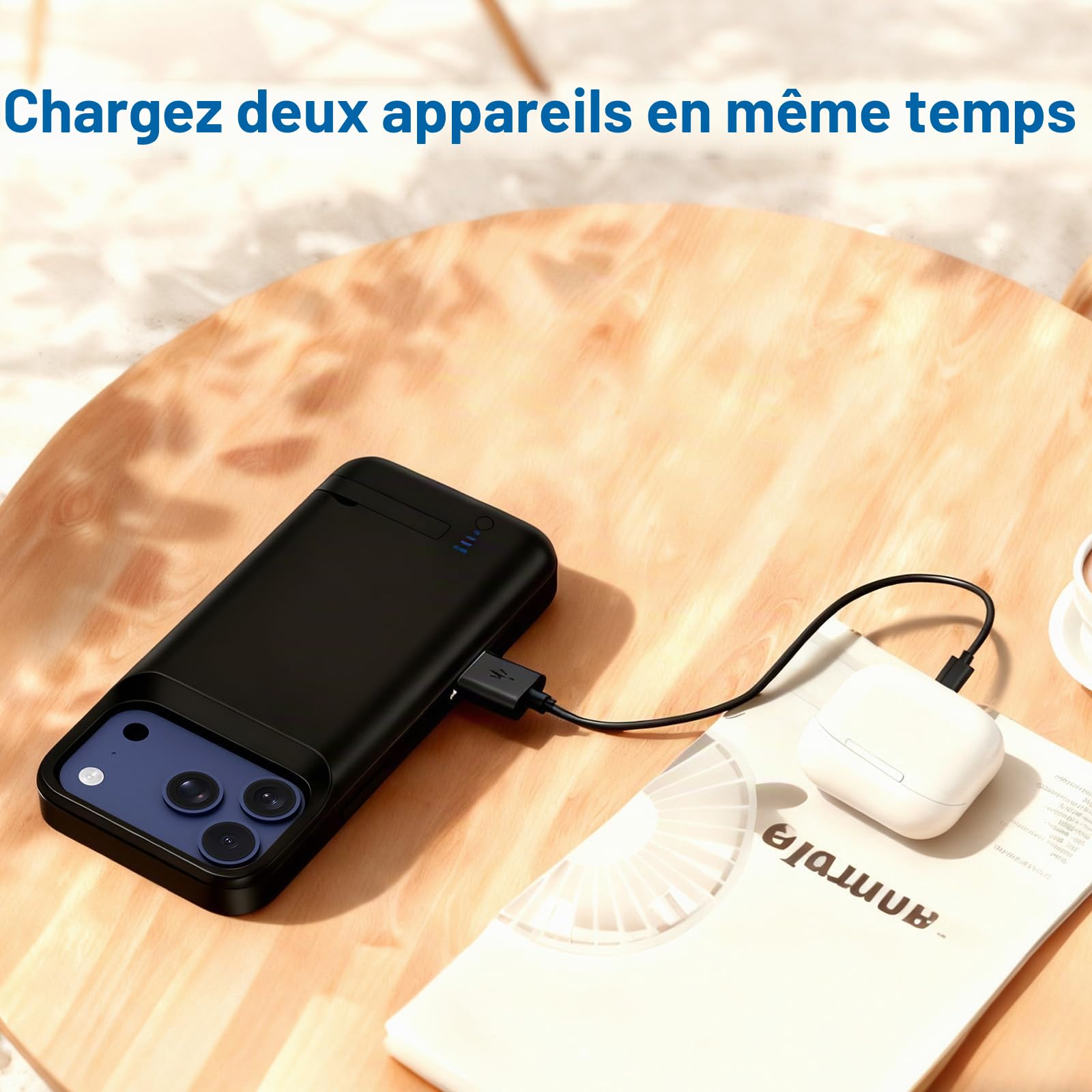 Coque Batterie pour iPhone 17 Pro Max (6.9"), Véritable 8500 mAh Coque de Charge étendue Fine Rechargeable avec Support, Protection Portable avec Batterie de Secours Noir