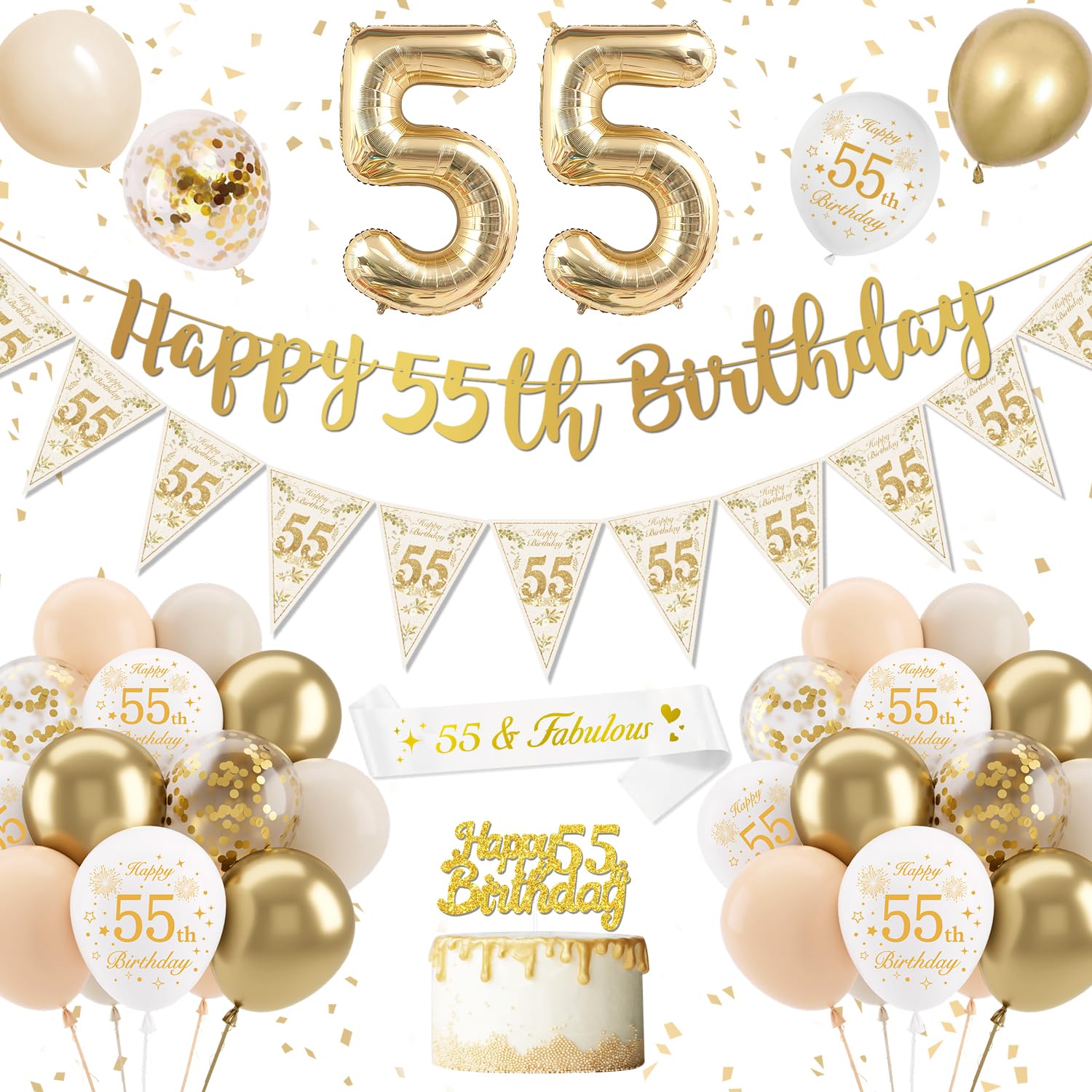 55th Birthday Decoration for Women Men, Gold White Birthday Balloons