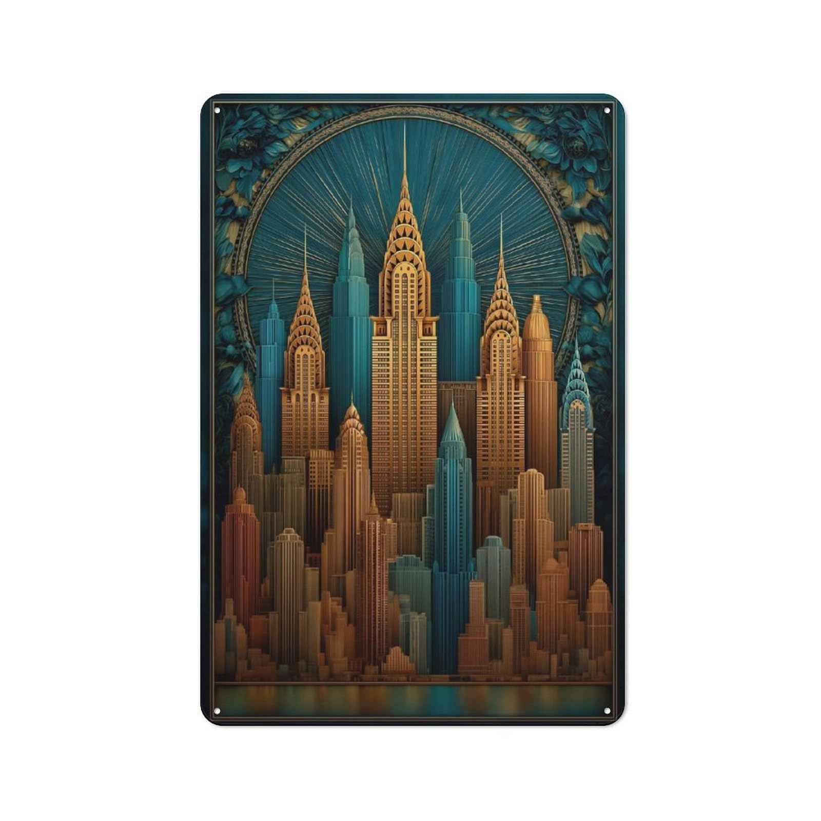 Junmoney Style-3 Tin Sign 30X20cm With Art Deco New York Cityscape For Garage Wall, Retro-Style Decor, For Room Styling Across Garages And Workshops
