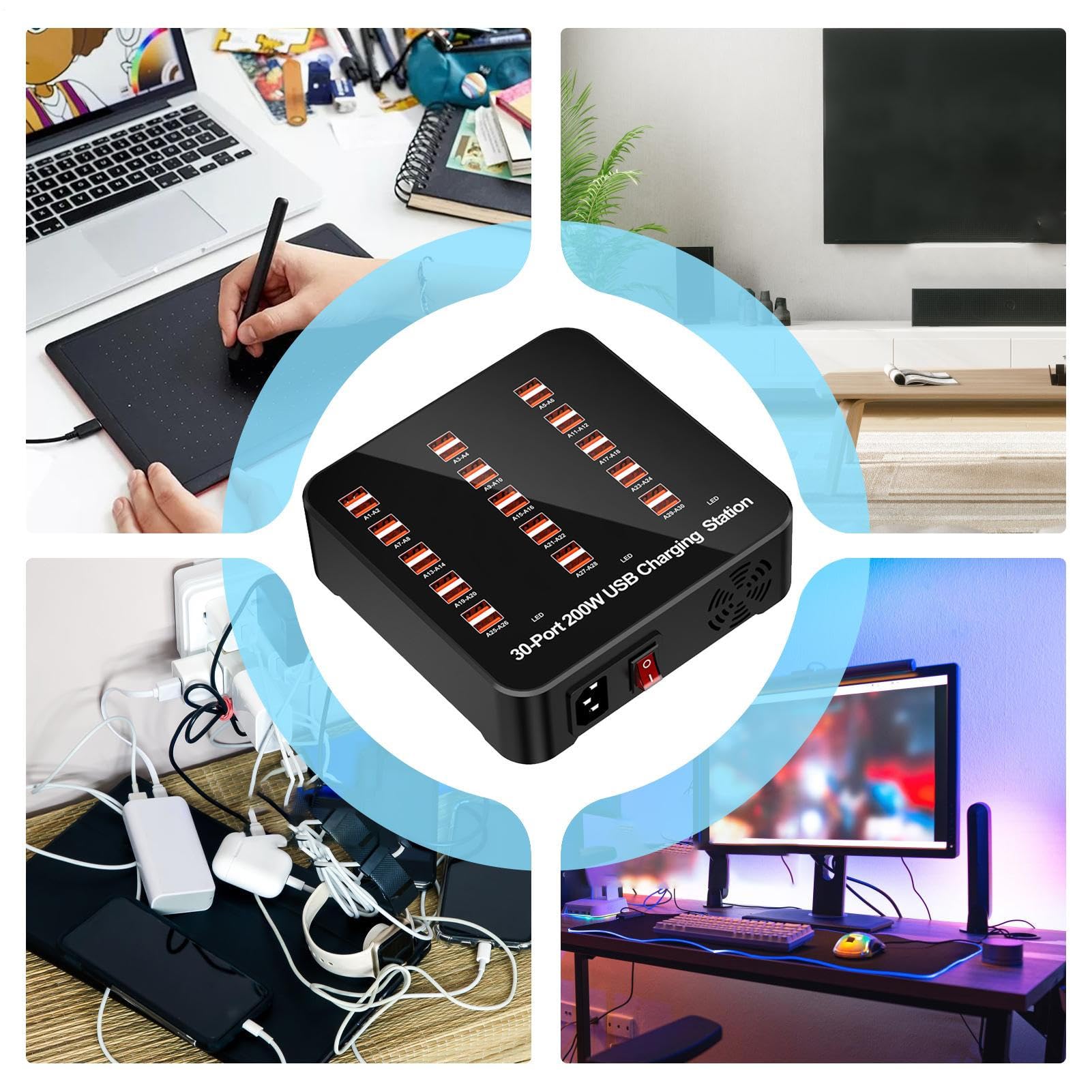 Stazione Di Ricarica Rapida USB Hub Di Ricarica A Porte Multiple | Adattatore Intelligente per Auto Smartphone Computer Portatile Casa Cucina Camera da Camper Scuola Tablet Computer da Tavolo