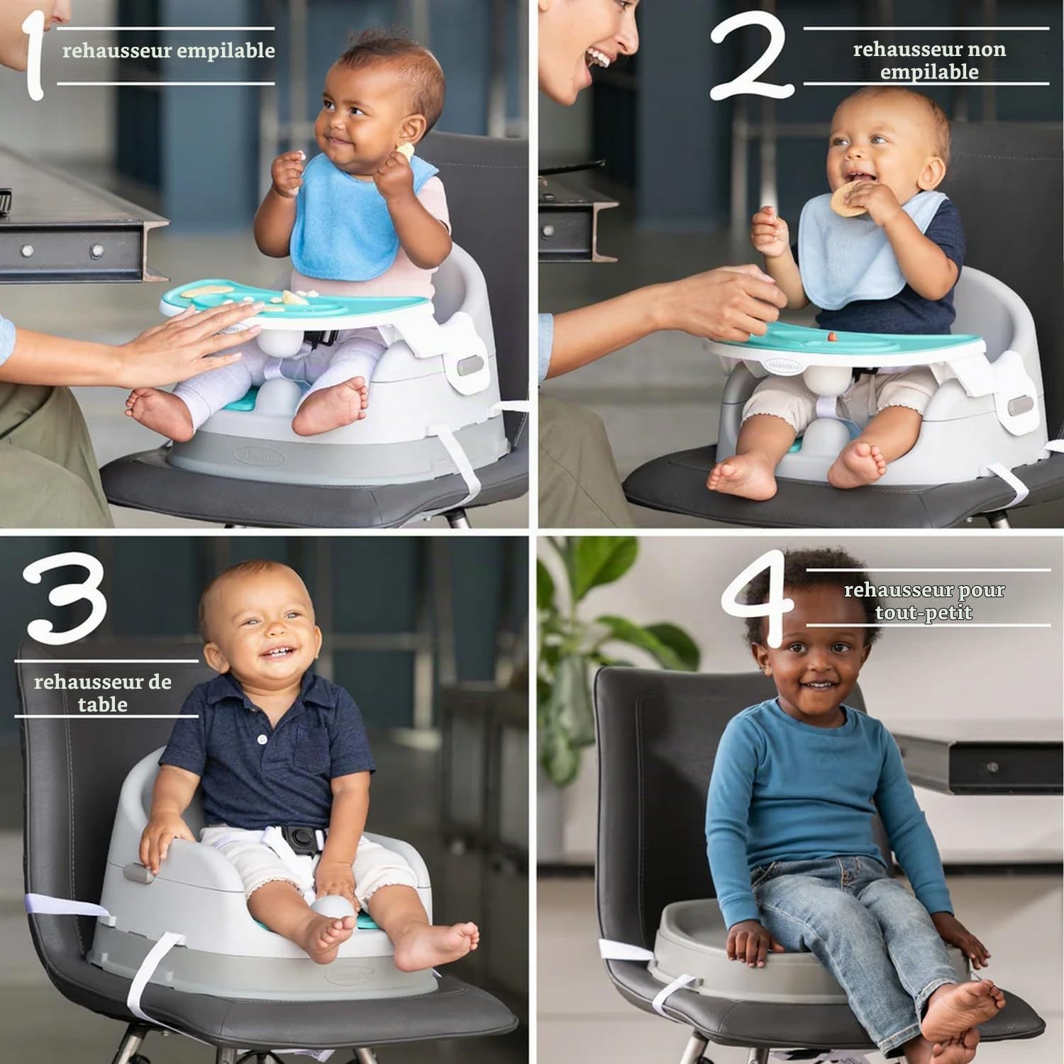 INFANTINO Siège rehausseur Duo évolutif de Luxe 4 en 1, 2 sièges en Un pour 2 Enfants en même Temps - Un siège rehausseur pour bébé de Plus de 4 Mois, Un siège réhausseur pour Les 3 Ans et Plus