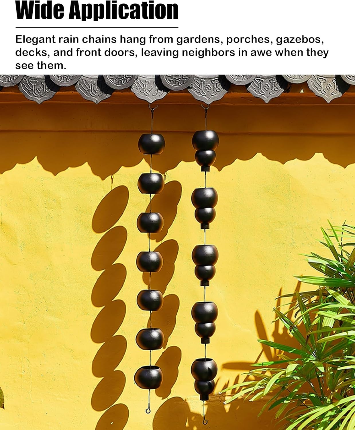 Rain Chain,Garden Rain Cups Chime, Black Rain Catcher Chain for Eaves Drainage, Outside Water Feature Eavestrough Diverter, Adjustable Rain Gutter Chains with Hook