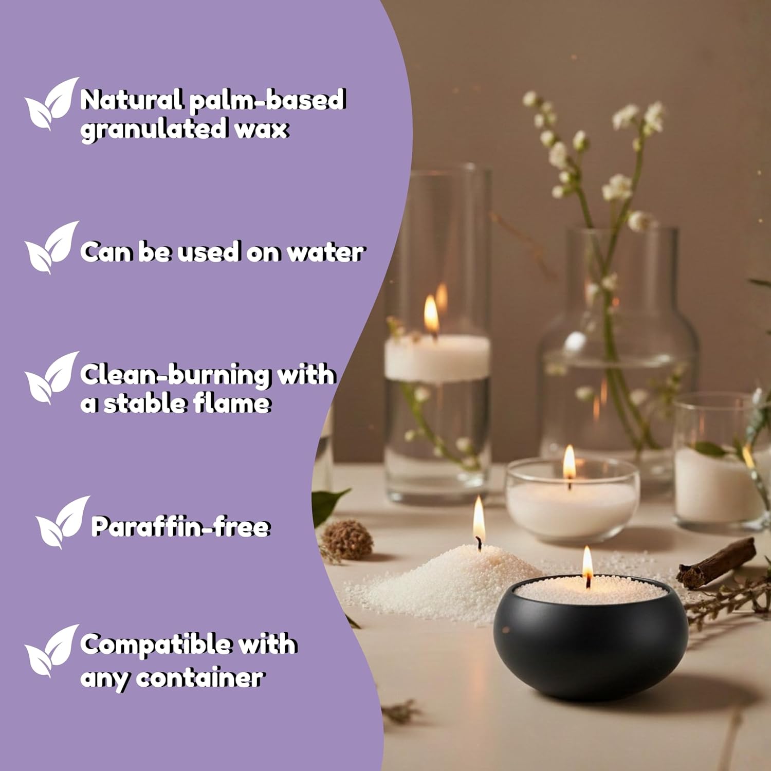 Olike - Sand Candles with Wicks – Pearled Candle Sand for DIY Candles – 500g Scented Plant-Based Wax with 20 Cotton Wicks, Snuffer & Elegant Ceramic Bowl – Decorative Candle Sand for Home Decor