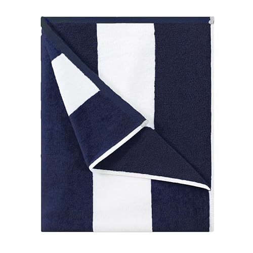 HENBAY Cotton Oversized Beach Towel - Large 70 x 35 Inch Pool Towel, Navy Blue Striped Quick Dry Swimming Cabana Towel