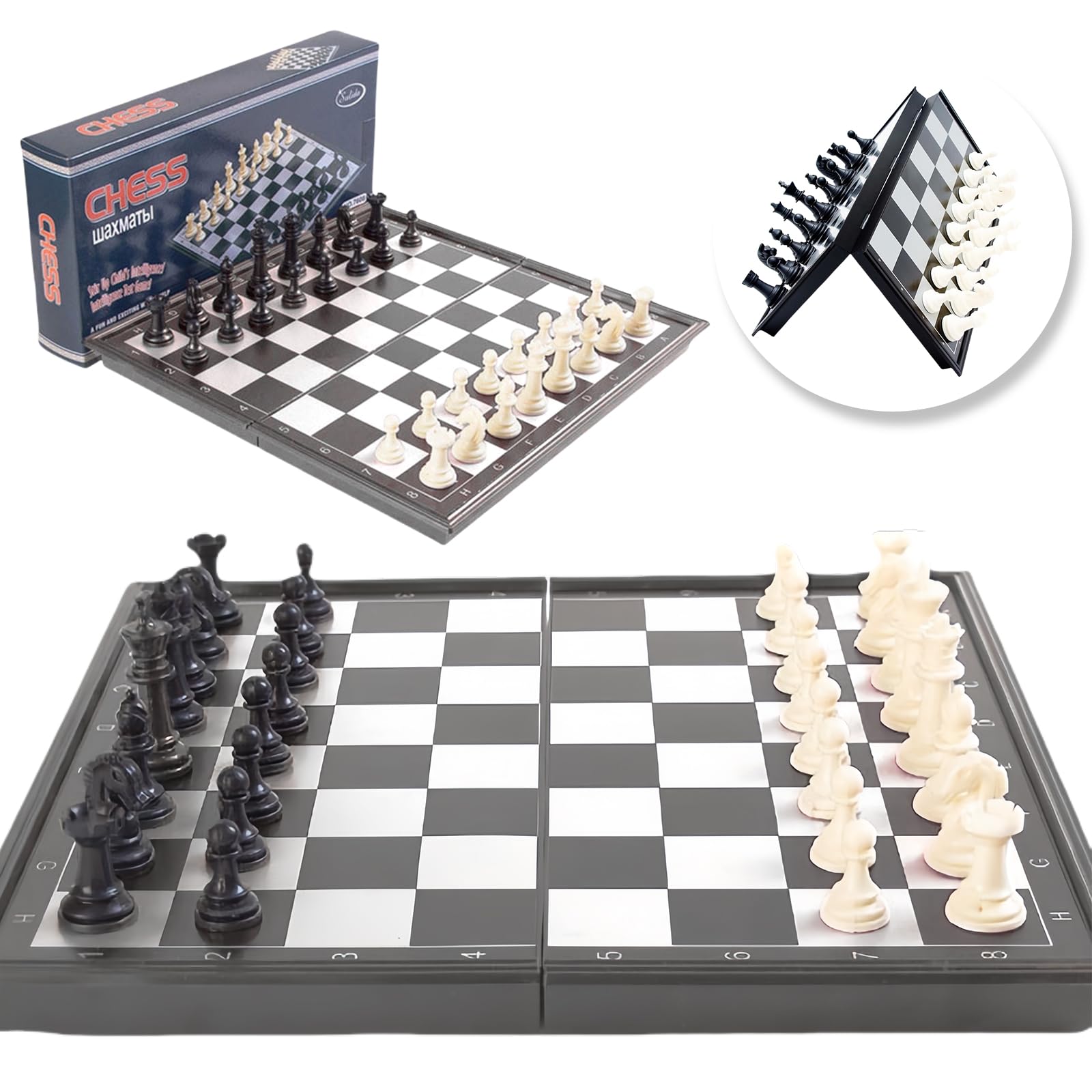 Chess Board Set Game,Folding Chess Board Travel Magnetic Chess Piece Set with Chess Folding,Travel Chess Set Portable Storage Board Traditional Strategy Game for Adults Kids