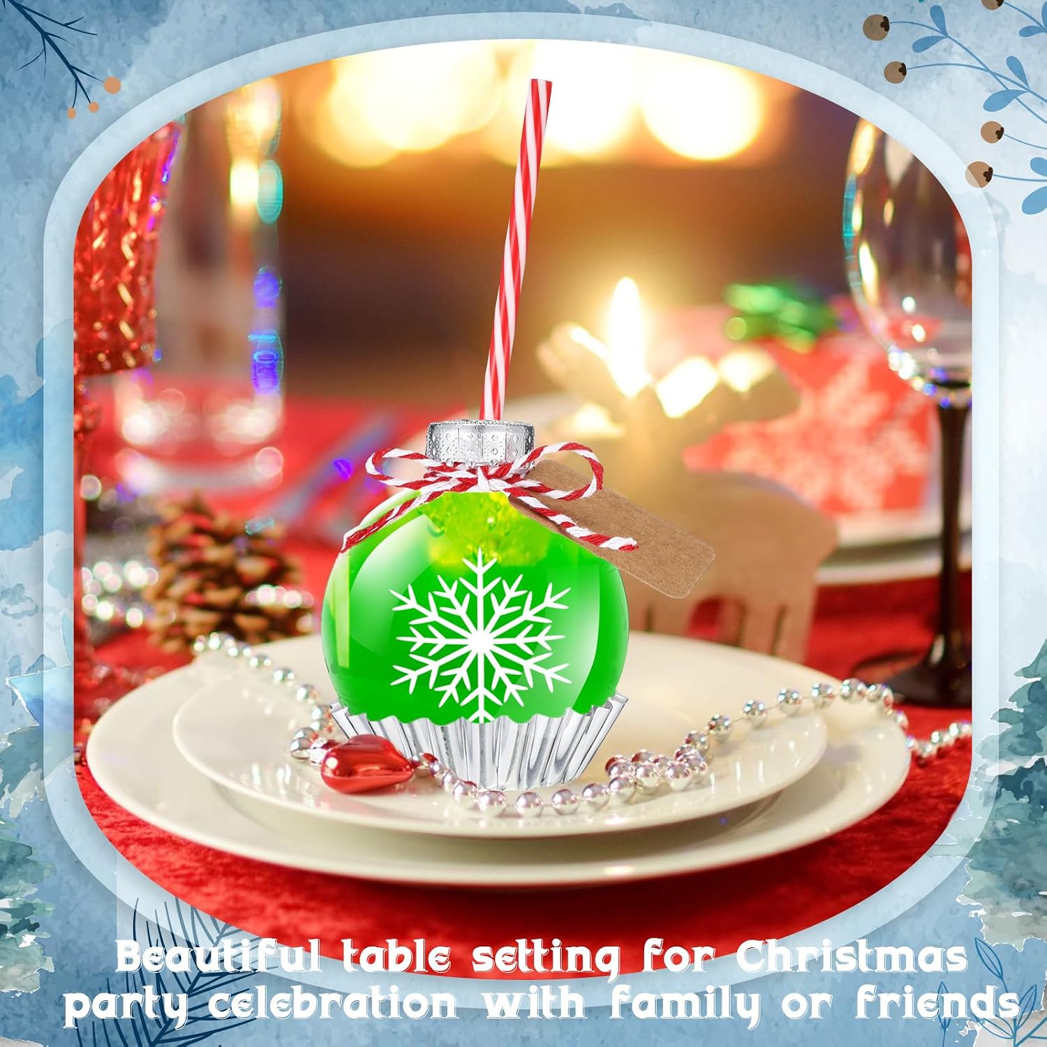 Baderke 12 Pcs 8oz Spherical Plastic Potion Bottle for Drinks Empty Booze Balls Cups Round Plastic Fillable Ornament Balls with Egg Tart Molds Base for Wedding Cocktail Drink(Snowflake Pattern)