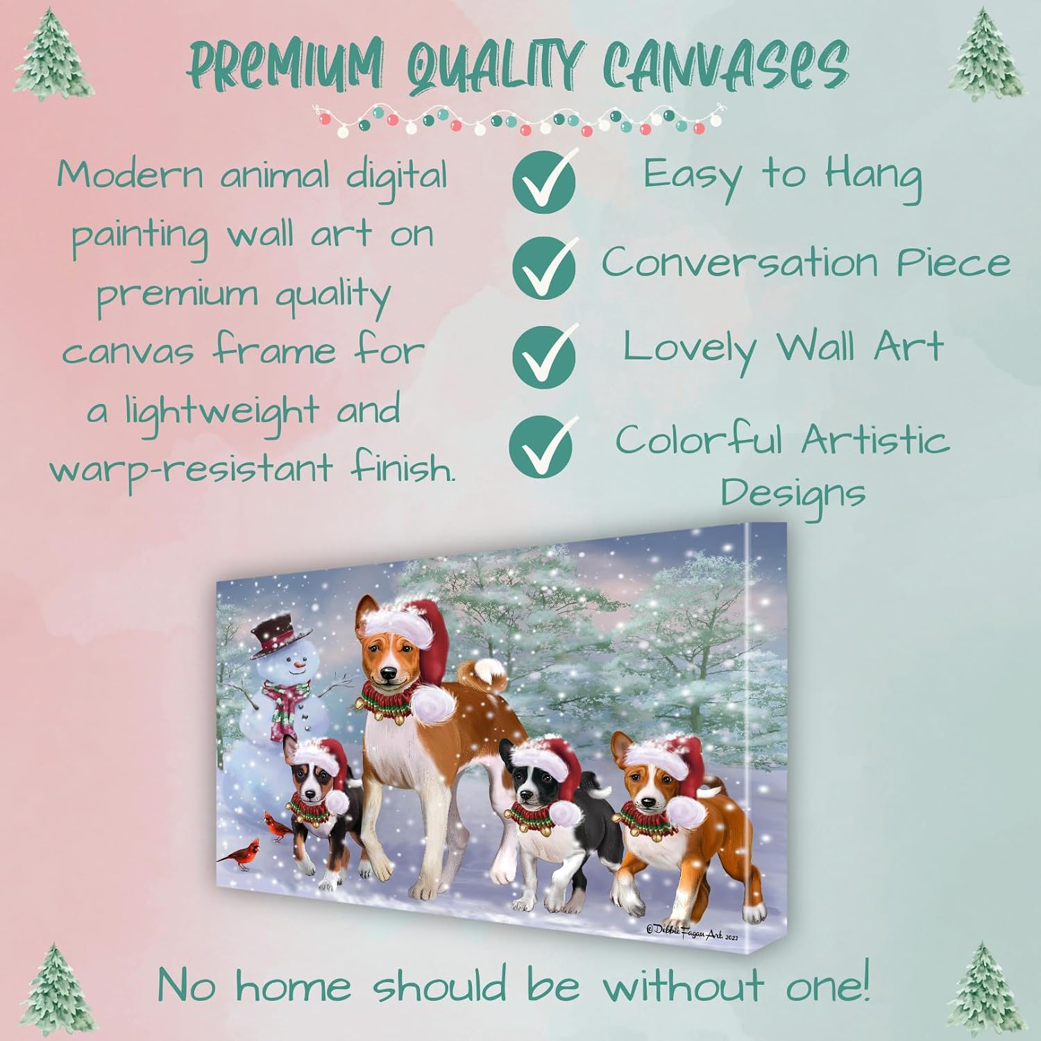 Doggie of the Day Christmas Running Family Basenji Dogs Canvas Wall Art - Premium Quality Ready to Hang Room Decor Wall Art Canvas - Digital Painting for Decoration, 12"x12"