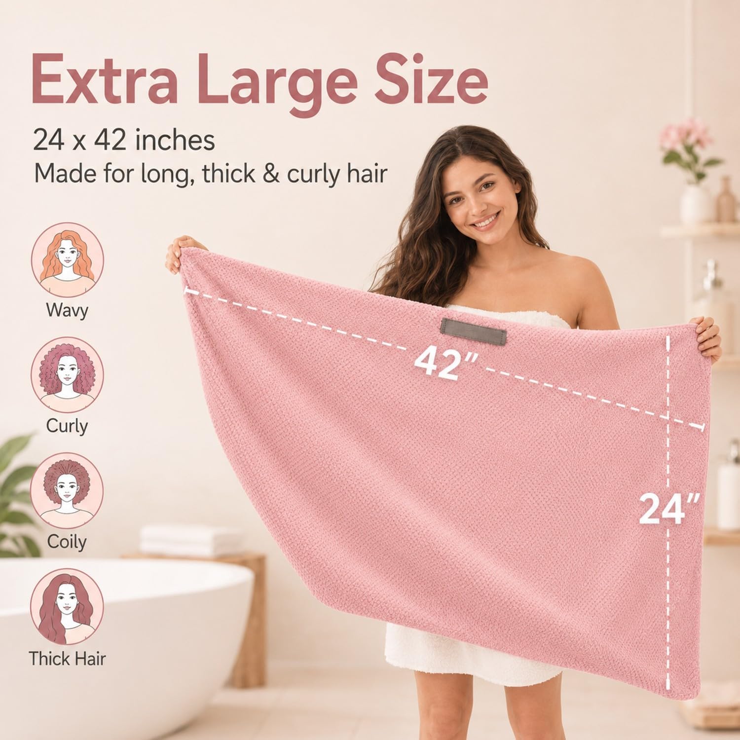 Large Microfiber Hair Wrap Towel for Women, Quick-Dry & Absorbent (Pink) image 4